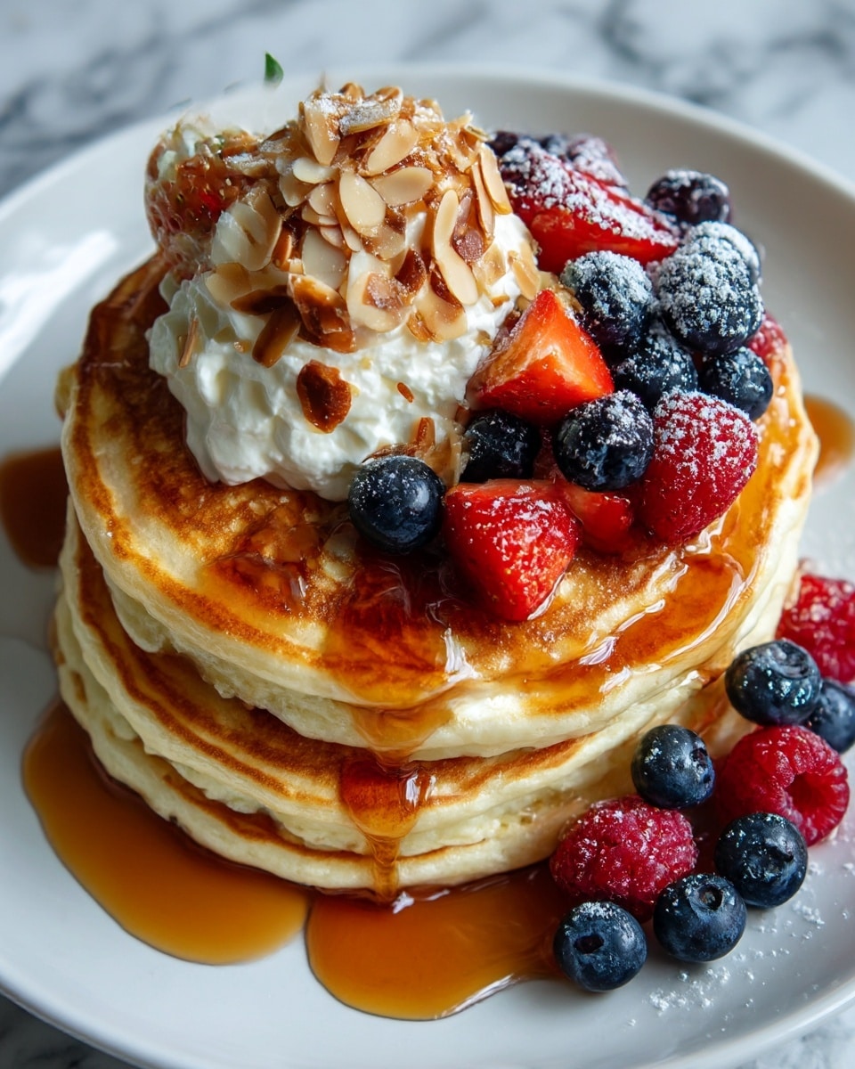 Two thick, golden brown pancakes stacked on a white plate, shiny with amber syrup dripping down the sides. On top, a dollop of white whipped cream sprinkled with chopped almonds adds texture. To one side of the whipped cream, fresh berries including strawberries, blueberries, and raspberries piled up with a light dusting of powdered sugar. The plate sits on a white marbled surface with soft, natural light highlighting the textures. Photo taken with an iphone --ar 4:5 --v 7
