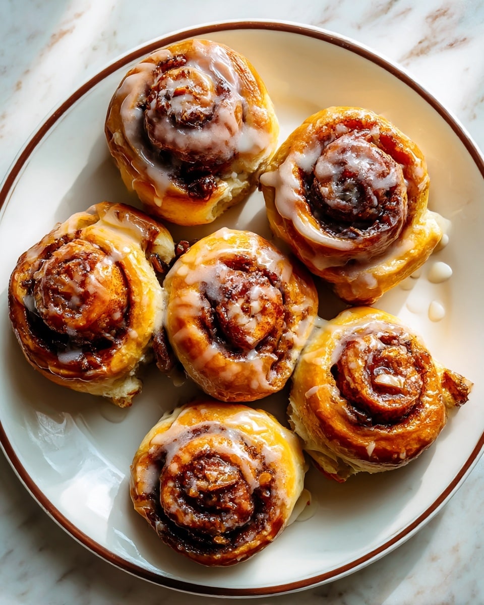 A close-up view of six cinnamon rolls arranged in a circle on a white plate with a thin brown rim, each roll showing soft, fluffy layers of dough swirled with dark brown cinnamon sugar filling. The top of the rolls is covered unevenly with a shiny, white glaze that drips slightly down the sides, highlighting the texture of the baked dough with its light golden-brown spots. The plate sits on a white marbled surface with a soft natural light coming from the left side, creating warm shadows and a cozy atmosphere. Photo taken with an iphone --ar 4:5 --v 7
