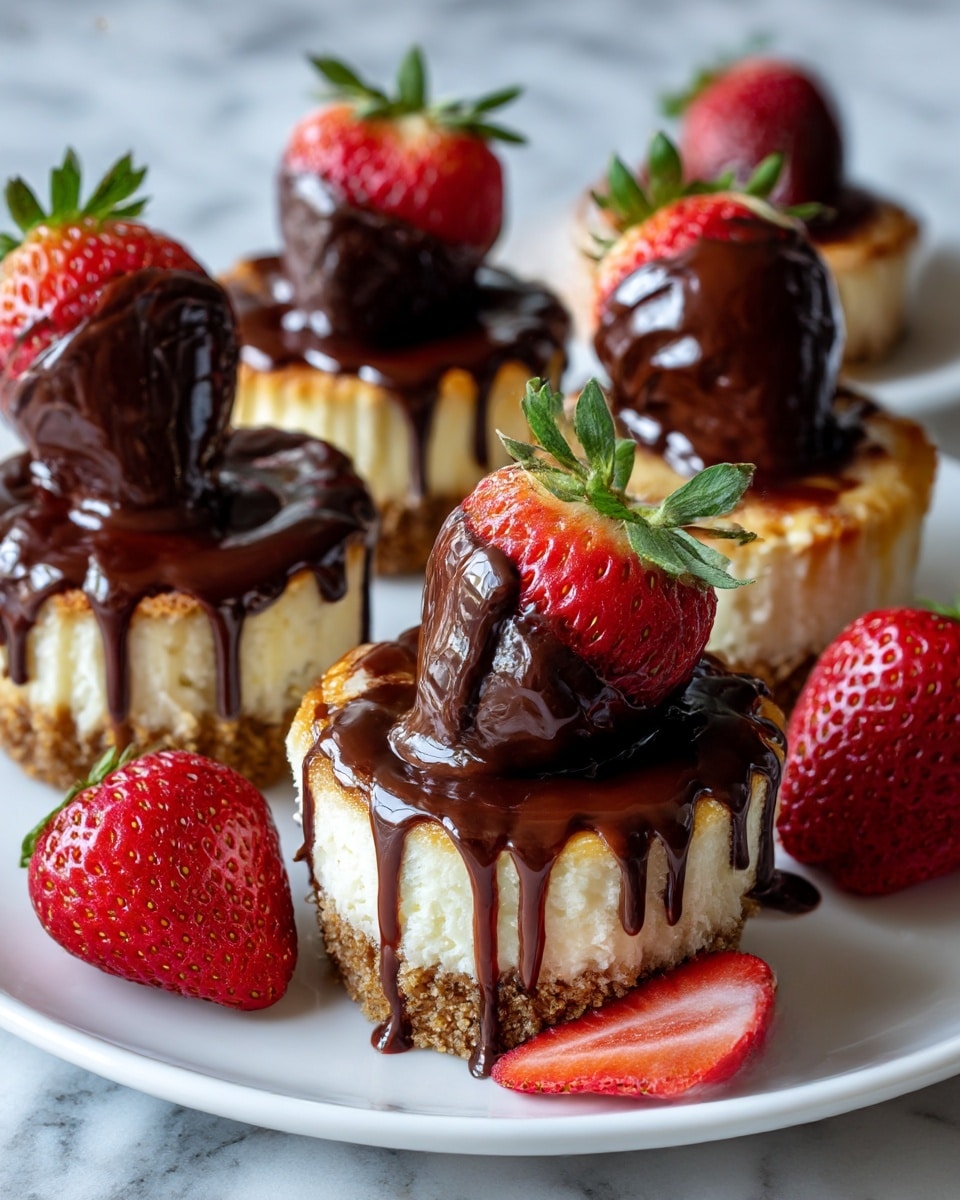 The image shows a white plate with five small cheesecake cupcakes. Each cheesecake cupcake has three layers: the bottom layer is a light brown crumb crust, the middle layer is a creamy off-white cheesecake, and the top layer is thick, dark chocolate sauce that drips over the edges. On top of each cheesecake, there is a strawberry dipped in shiny chocolate, with the green leafy top of the strawberry still visible. Around the plate, there are a few bright red strawberries without chocolate. The plate is set on a white marbled surface, and the focus is on the front cheesecake with soft blurred cheesecake cupcakes in the background. photo taken with an iphone --ar 4:5 --v 7