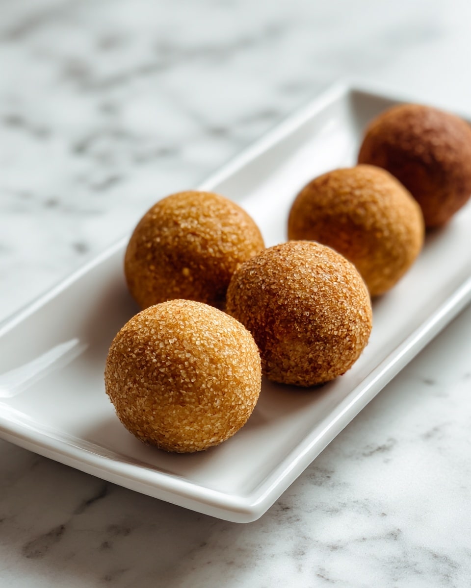 The image shows a white rectangular plate with four round brown balls placed on it. The balls have a smooth, grainy texture and a uniform light brown color. They are evenly spaced on the plate, which sits on a white marbled surface. The photo focuses closely on the two balls on the left side of the plate, with a soft blurry effect on the rest of the plate and balls in the background. photo taken with an iphone --ar 4:5 --v 7