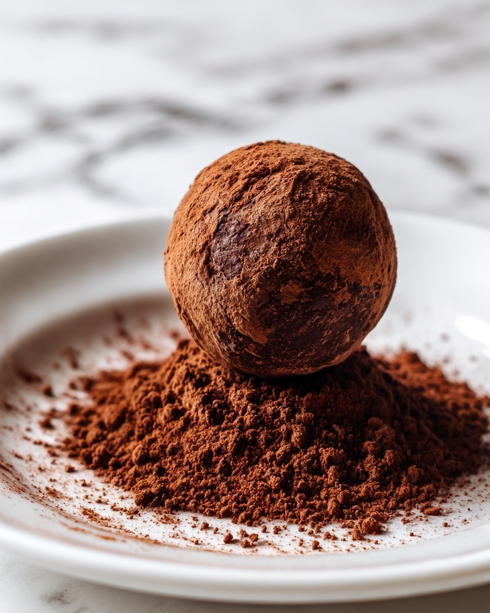 A single round chocolate truffle sits in the middle of a shallow mound of dark brown cocoa powder on a white plate with a white marbled surface. The truffle has a rough texture covered in cocoa powder, blending slightly with the surrounding loose cocoa powder that forms a small circular dip around it. The background is softly blurred, drawing focus to the truffle and cocoa powder's rich brown color and matte finish, photo taken with an iphone --ar 4:5 --v 7