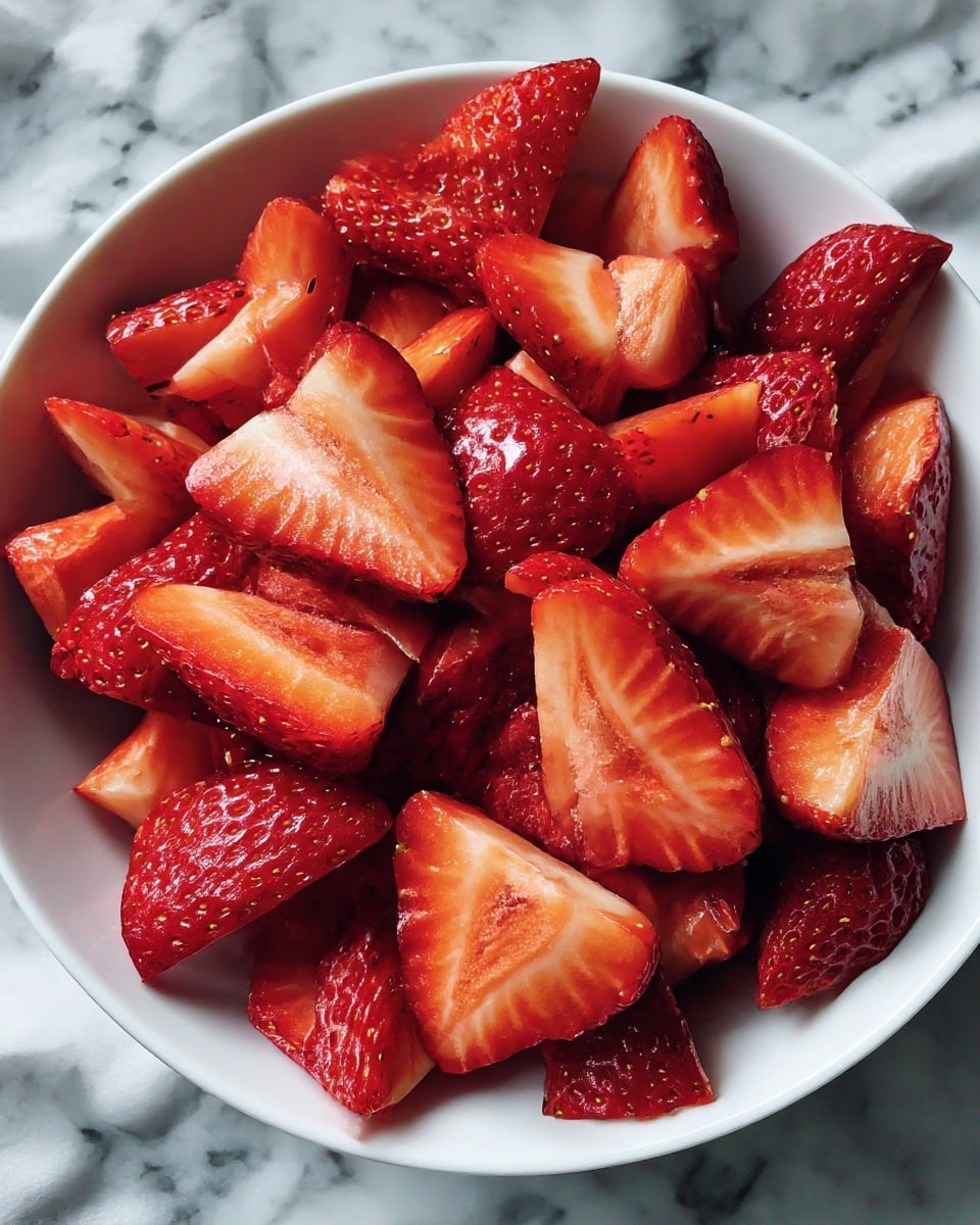 A white bowl filled with many bright red strawberries that are sliced into halves and quarters. The strawberries show a mix of smooth outer skin with small seeds and juicy, lighter red inner flesh. The bowl sits on a white marbled textured surface with soft lighting enhancing the fresh look of the fruit. photo taken with an iphone --ar 4:5 --v 7