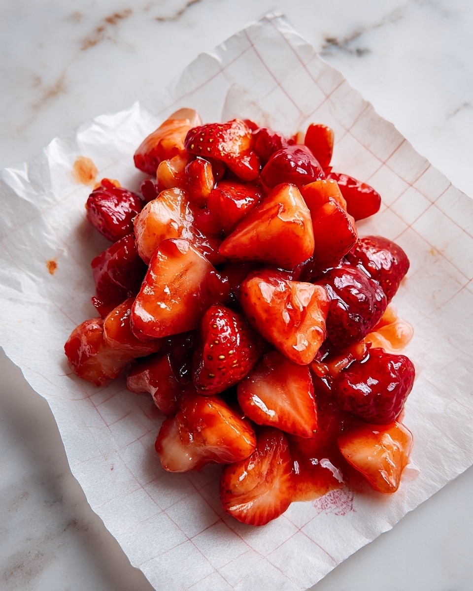 The image shows a small pile of mixed strawberries and strawberry sauce sitting on a piece of parchment paper with light grid patterns. The strawberry pieces are a mix of bright red and lighter shades, coated with a shiny, syrup-like glaze that gives a glossy texture. The small pile is uneven and loosely shaped, with visible strawberry seeds and chunks embedded in the syrup. The parchment paper beneath has a slightly translucent texture with a faint printed logo visible underneath. The scene is set on a white marbled surface. photo taken with an iphone --ar 4:5 --v 7