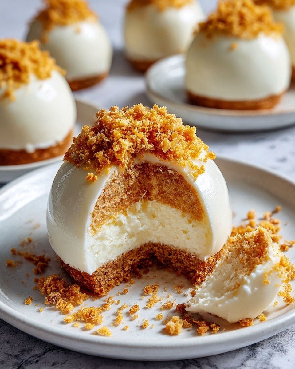 A close-up view of a small round dessert ball sitting on a white plate with a white marbled surface background. The dessert has two layers: the inner layer is a light brown, crumbly cake-like texture, and the outer layer is a smooth, creamy white coating that covers the entire ball. On top of the ball, there is a small mound of golden brown, crumbly topping, which also has some crumbs scattered on the plate around the dessert. One dessert ball in the front has a bite taken out, showing both layers clearly. More similar dessert balls are slightly out of focus in the background. photo taken with an iphone --ar 4:5 --v 7