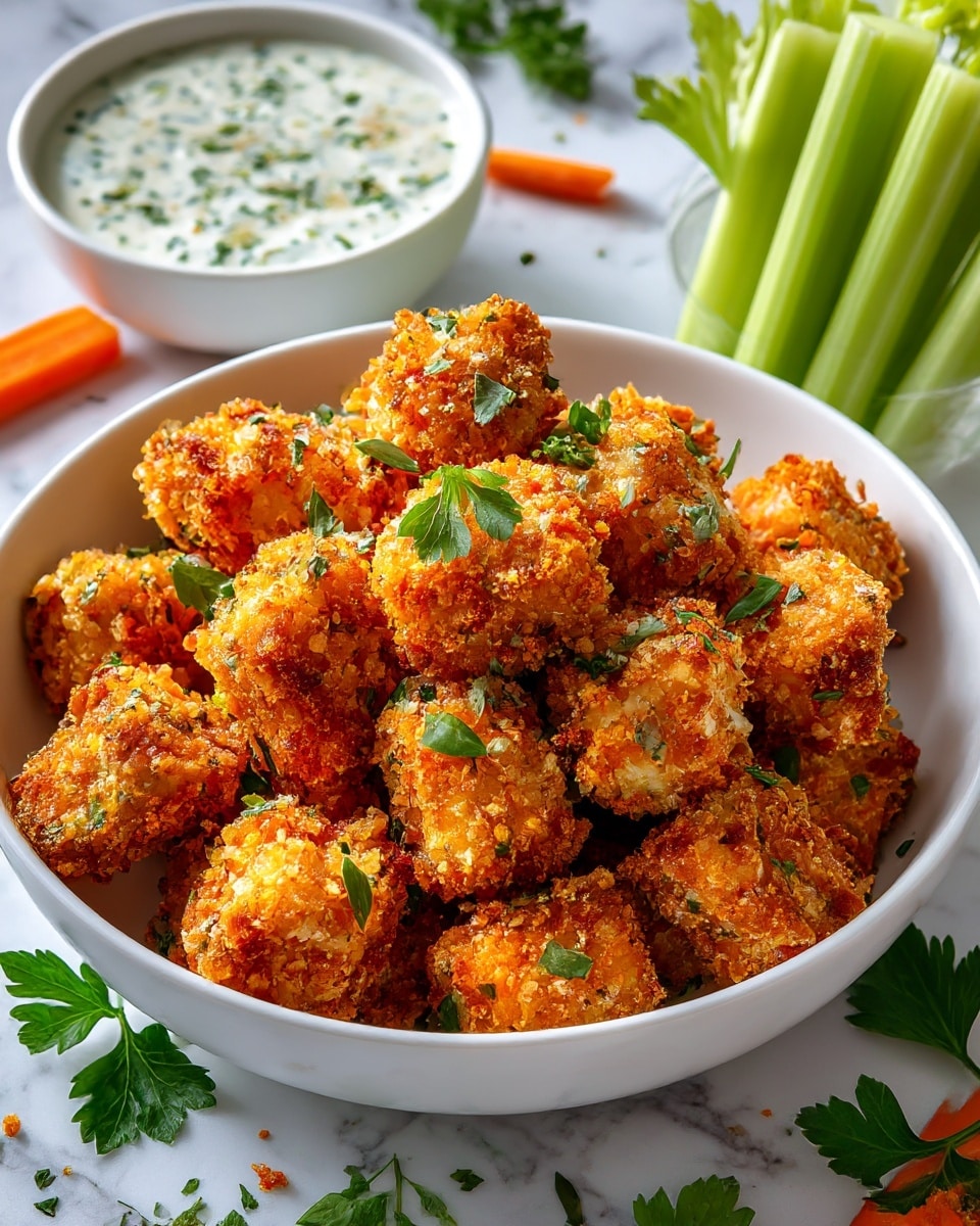 A white bowl filled with crispy, bright orange breaded cubes with a crunchy texture stacked in layers, garnished with small green parsley leaves on top. In the background, a white bowl holds a creamy white dipping sauce with herbs mixed inside, and fresh green celery sticks stand upright nearby. On the white marbled surface, a few orange carrot sticks and green parsley leaves are scattered around, adding color and layering to the scene. Photo taken with an iphone --ar 4:5 --v 7