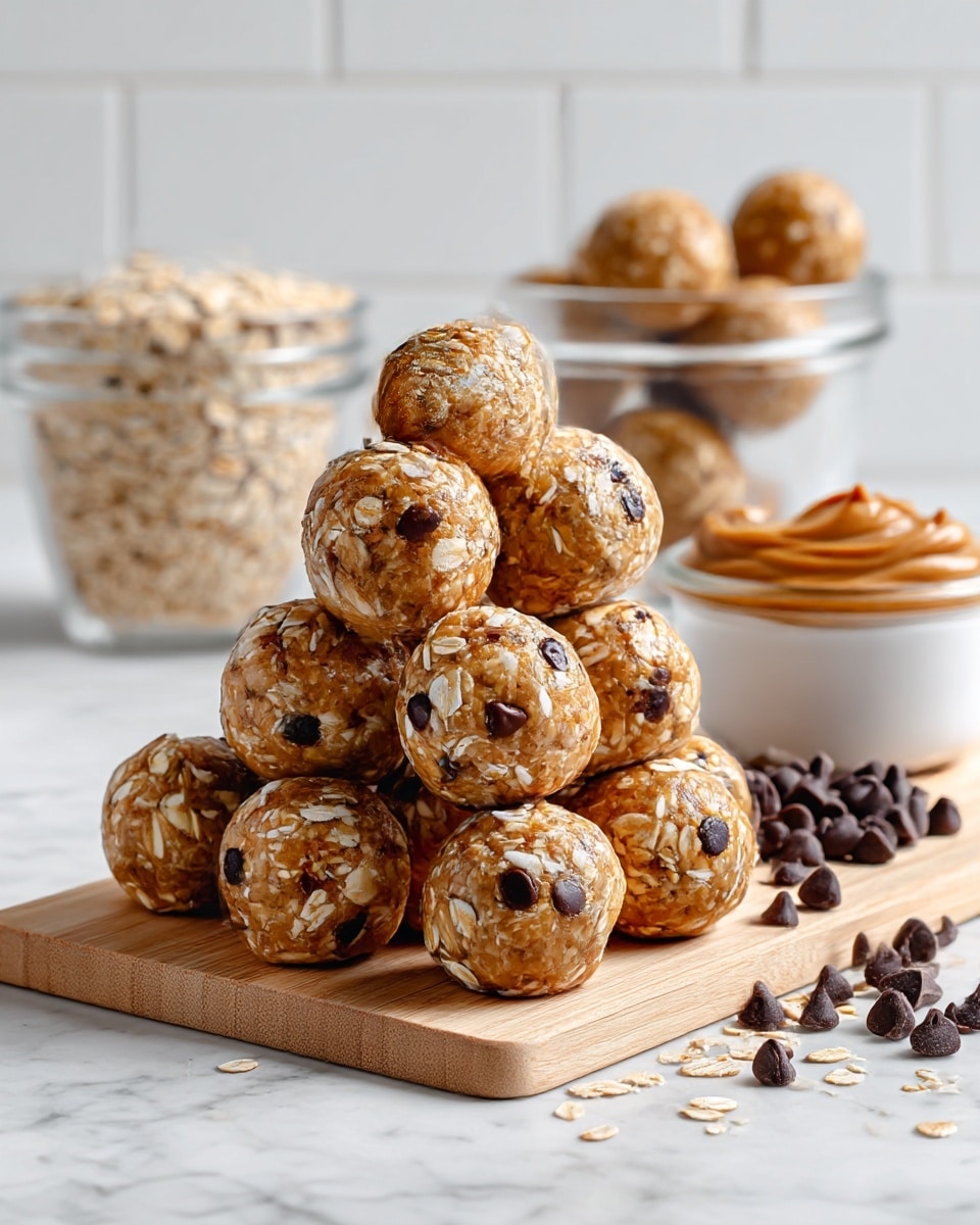 The image shows a pyramid of round energy balls placed on a light wooden board. Each ball is light brown with visible white oat flakes and small dark chocolate chips scattered throughout. To the right of the board, there are loose dark chocolate chips and oat flakes on the white marbled surface. Behind the pyramid, there is a small white bowl filled with smooth, light brown nut butter, and further back, a clear glass bowl holds several more energy balls. A white bowl filled with dry oats is seen in the top left background, all set against a white tiled wall. Photo taken with an iphone --ar 4:5 --v 7
