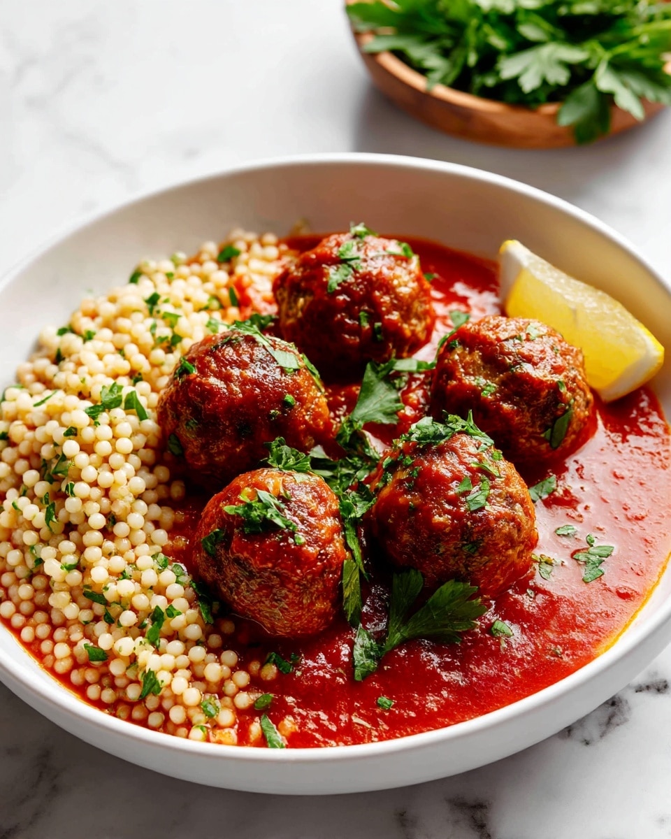 A white bowl filled with five round, brown meatballs placed in a circle on top of a smooth, bright red tomato sauce. On the left side of the bowl, there is a mound of small, round, off-white and light orange couscous mixed with chopped green herbs. A small wedge of yellow lemon rests on the edge of the bowl near the couscous. The bowl sits on a white marbled surface, and in the background, there is a small wooden bowl with fresh green parsley leaves. The image is bright and sharp, displaying the textures of the meatballs, sauce, and couscous clearly. photo taken with an iphone --ar 4:5 --v 7