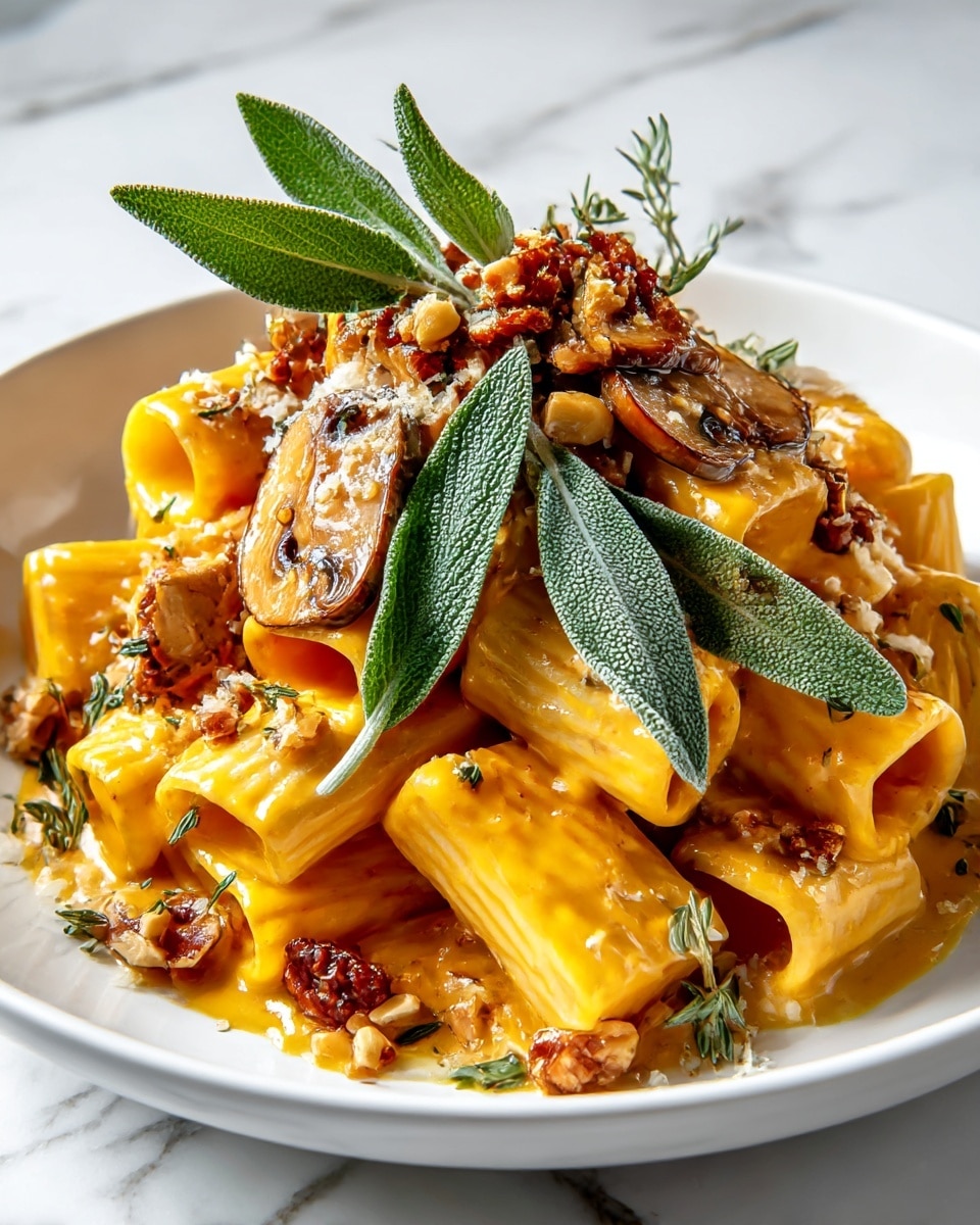The dish shows a close-up of rigatoni pasta covered in a thick, creamy orange sauce. On top, there are mushroom slices with a smooth, slightly shiny texture and some small chopped nuts scattered around. Three fresh, green sage leaves with visible textured veins sit on top as a garnish. The pasta and toppings are served on a white plate, placed against a white marbled surface. The lighting highlights the creamy sauce and the shiny mushrooms well. photo taken with an iphone --ar 4:5 --v 7