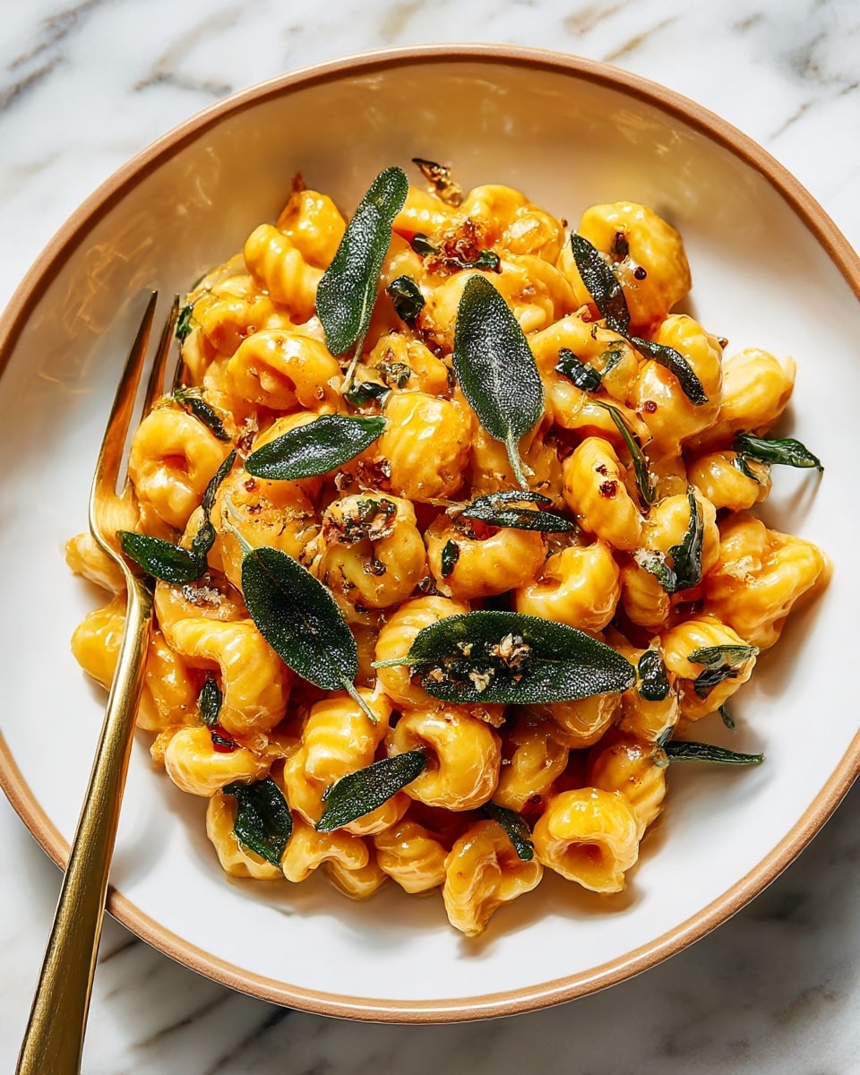 A shiny pan filled with golden yellow shell-shaped pasta coated with a smooth sauce, mixed with small pieces of herbs and tiny bits of garlic or seasoning scattered throughout. A wooden spoon with a dark brown color lies across the pasta, with some sauce residue on it. The pan sits on a white marbled surface, creating a clean and bright background for the warm-colored food. photo taken with an iphone --ar 4:5 --v 7