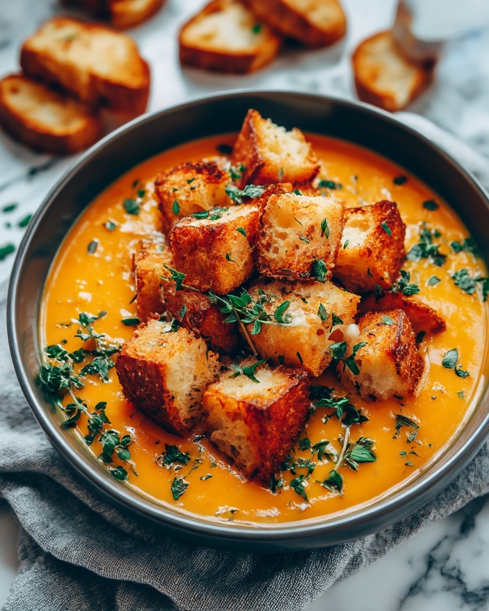 A bowl filled with smooth, bright orange soup forms the base layer with a creamy texture, topped evenly with golden-brown roasted cubes that have a slightly crispy outside, scattered around the center. Small, green pumpkin seeds are sprinkled lightly on the soup, adding variety to the toppings. A few flakes of white seasoning and cracked black pepper are spread over the whole dish, creating a textured, colorful look. The bowl is white and sits on a round wooden board, and the background is a white marbled surface with some walnuts and a piece of leafy green in soft focus. Photo taken with an iphone --ar 4:5 --v 7