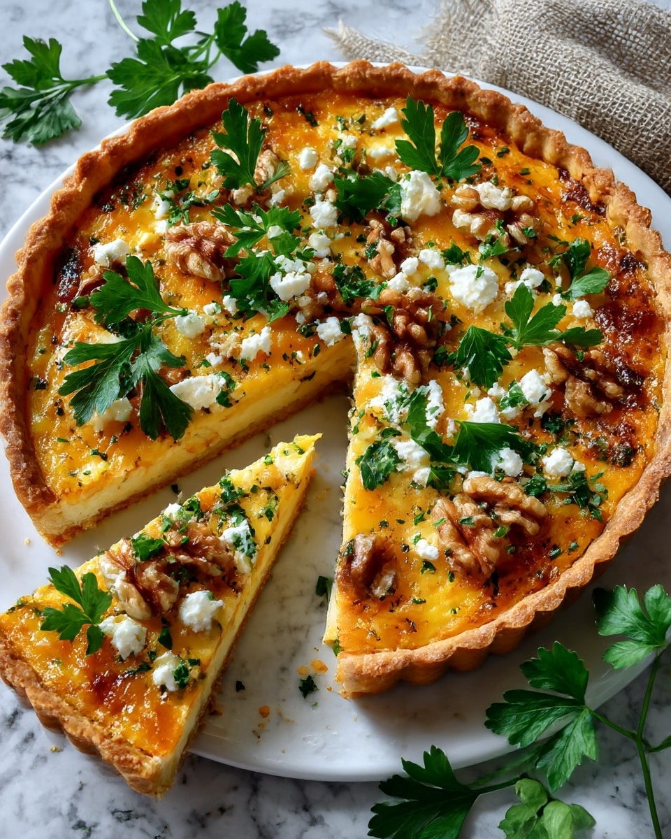 The image shows a close-up of a round quiche with a golden brown crust that looks crispy and thick, sitting on a white marbled surface. The top layer is a mix of bright orange pumpkin, light green leek pieces, white feta cheese chunks, and scattered walnut pieces, all baked together with a slightly browned egg base. The texture appears creamy and soft inside with visible herbs sprinkled throughout. The wedge that is taken out reveals a smooth, dense filling inside, with the crust holding its shape firmly around the edges. The photo taken with an iphone --ar 4:5 --v 7