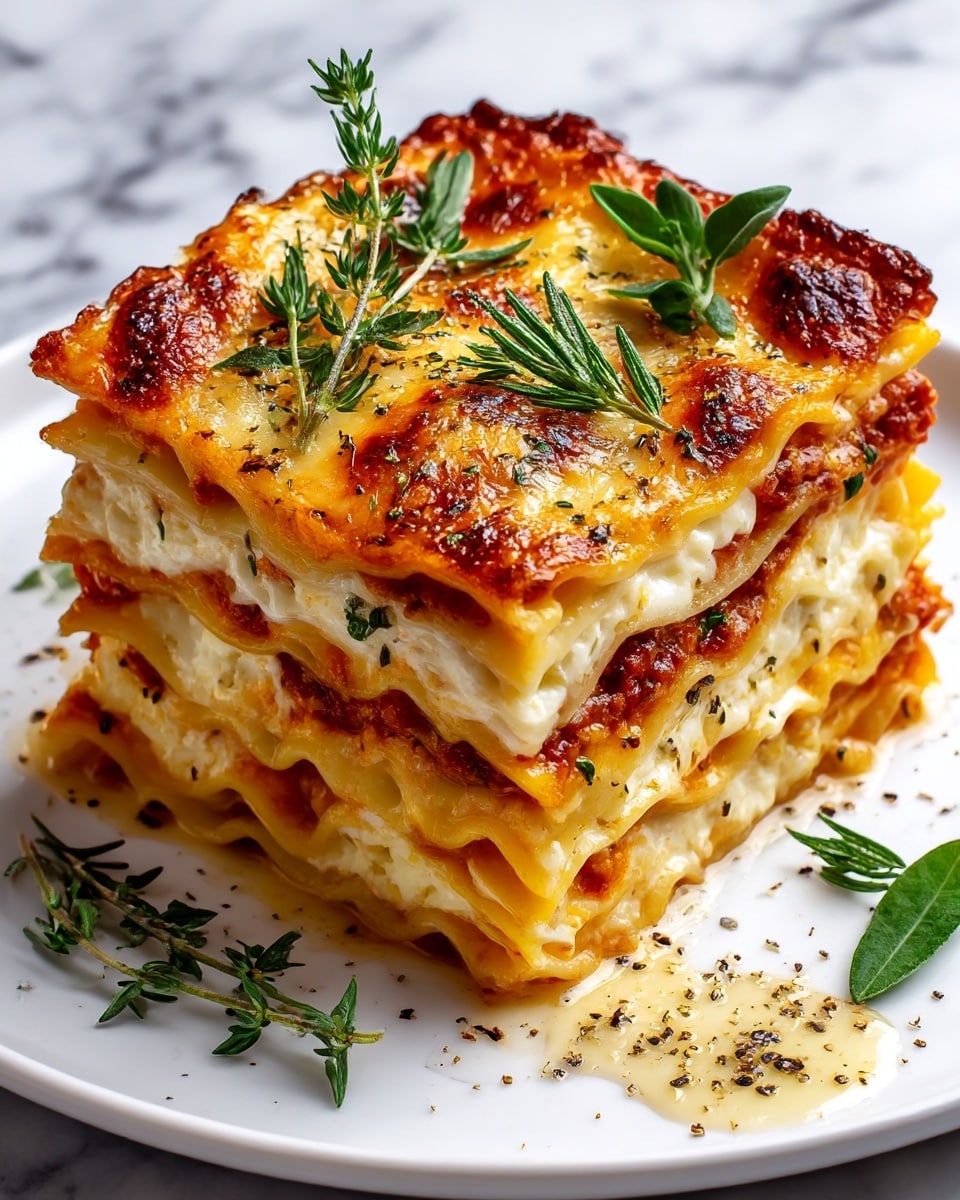 A close-up of a square piece of lasagna on a white plate with a white marbled background, showing four thick layers of creamy white sauce alternating with three layers of bright orange cheese. The top layer is golden brown and slightly charred with small specks of green herbs sprinkled on it. The edges of the lasagna are slightly melted and soft, with a rich and smooth texture visible in the sauce. Small black pepper grains are scattered on the plate near the lasagna, giving it a fresh look. Photo taken with an iphone --ar 4:5 --v 7