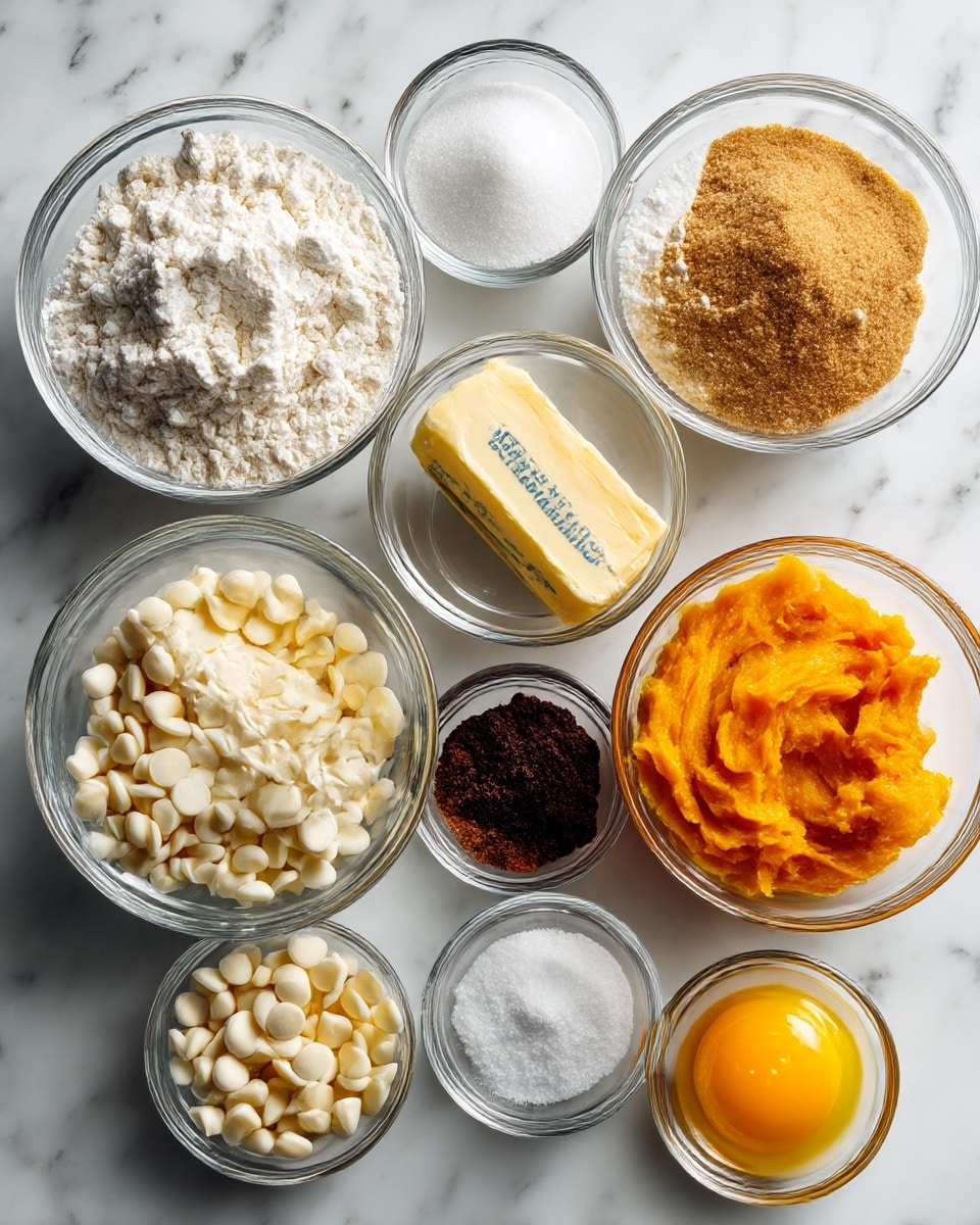 This image shows ten small clear glass bowls and one stick of butter arranged on a white marbled surface. The top left bowl contains white all-purpose flour with a fluffy texture. To its right, a bowl holds light brown sugar with a smooth, packed surface. Below the flour, a bowl is filled with white sugar with a slightly grainy texture. Near the center is a solid stick of pale yellow butter with blue lettering. To the right of the butter, a bowl contains bright orange pumpkin puree with a soft, slightly chunky texture. Below the sugar, a small bowl with dark brown cinnamon powder shows a fine texture. Next to it is a clear bowl with a bright yellow egg yolk that looks smooth and shiny. To the right, a small bowl holds white salt, which looks fine and slightly piled. Near the bottom are two more clear bowls, one filled with smooth vanilla extract, dark brown in color, and another with white baking soda, fine and powdery. The largest clear bowl at the bottom left is filled with many shiny white chocolate chips. The bowls and butter stick are arranged in a neat, organized grid pattern. Photo taken with an iphone --ar 4:5 --v 7