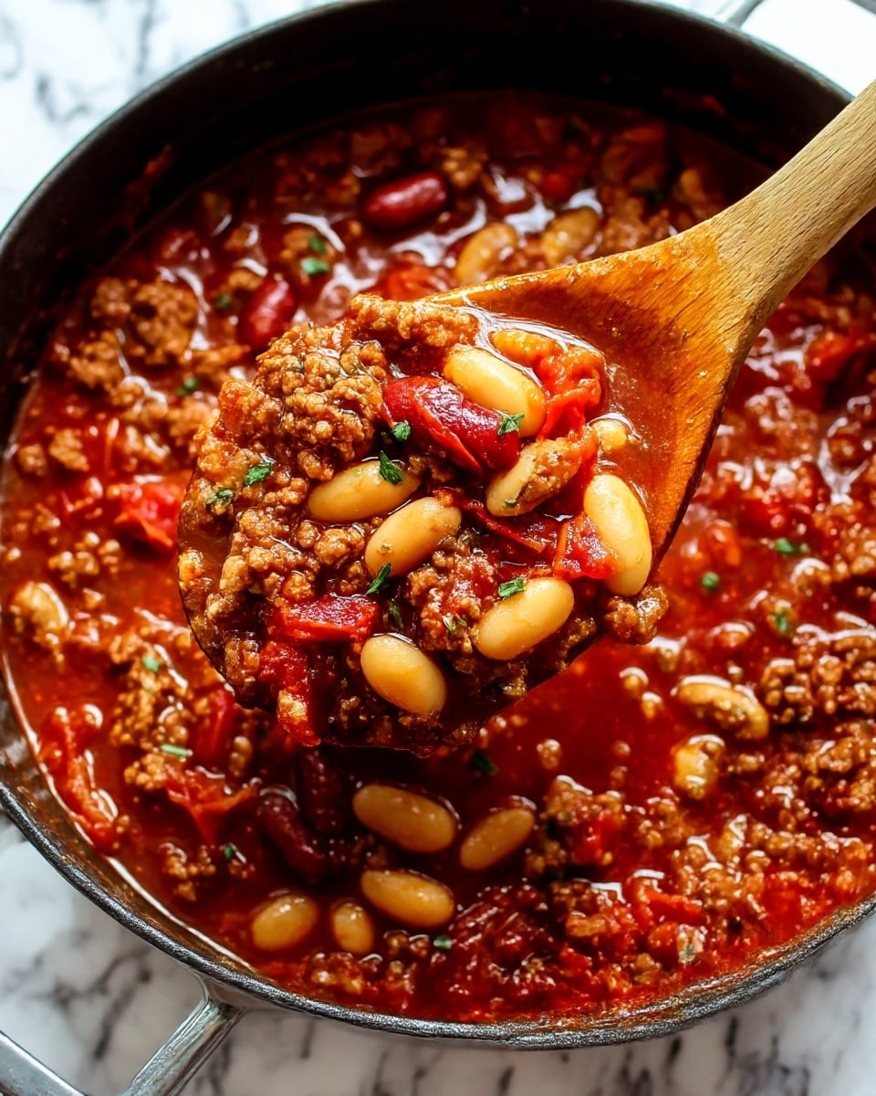 The image shows a close-up view of a thick stew inside a black pot. The stew has two main layers: a rich brown sauce with small pieces of cooked ground meat that have a soft, crumbly texture, and scattered white beans throughout. Small green herb bits are sprinkled on top, adding a touch of color. A wooden spoon is lifting a scoop of the stew, showing a mix of meat, beans, and sauce with a slightly glossy shine. The background surface is a white marbled texture. photo taken with an iphone --ar 4:5 --v 7