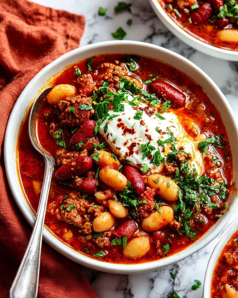A close-up of a white bowl filled with thick chili made of small brown ground meat and large white beans in a rich red sauce, topped with a dollop of white sour cream and sprinkled with fresh green chopped herbs, a silver spoon resting inside the bowl on the left side, next to the bowl is a rust-colored cloth on a white marbled surface with a part of another bowl of the same chili visible at the top right; photo taken with an iphone --ar 4:5 --v 7