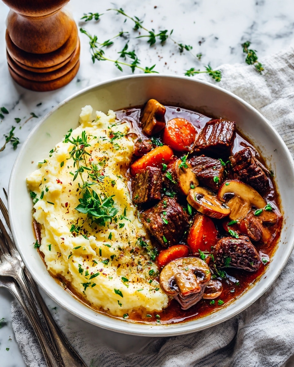 A white bowl sits on a striped cloth on a white marbled surface, filled with two main layers: one half contains creamy mashed potatoes with a smooth, slightly lumpy texture and a small green herb on top, while the other half holds rich dark brown beef stew with chunks of tender meat, sliced mushrooms, and bright orange carrot pieces, coated in a glossy sauce. Two silver forks are placed next to the bowl and a wooden pepper grinder is seen in the background. Photo taken with an iphone --ar 4:5 --v 7