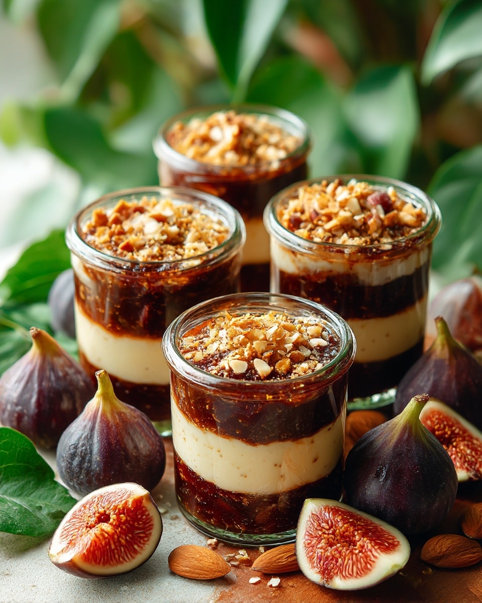 The image shows four small clear glass jars arranged in a group, each with three layers. The bottom layer is a dark brown, chunky mixture that looks like a fig or nut-based jam. The middle layer is thick and creamy, light beige in color with tiny darker specks. The top layer is a sprinkle of chopped nuts in golden brown shades, adding a crunchy texture. The jars are placed on a wooden table with fresh figs and almonds scattered around, and the background is softly blurred with green leaves. Photo taken with an iphone --ar 4:5 --v 7