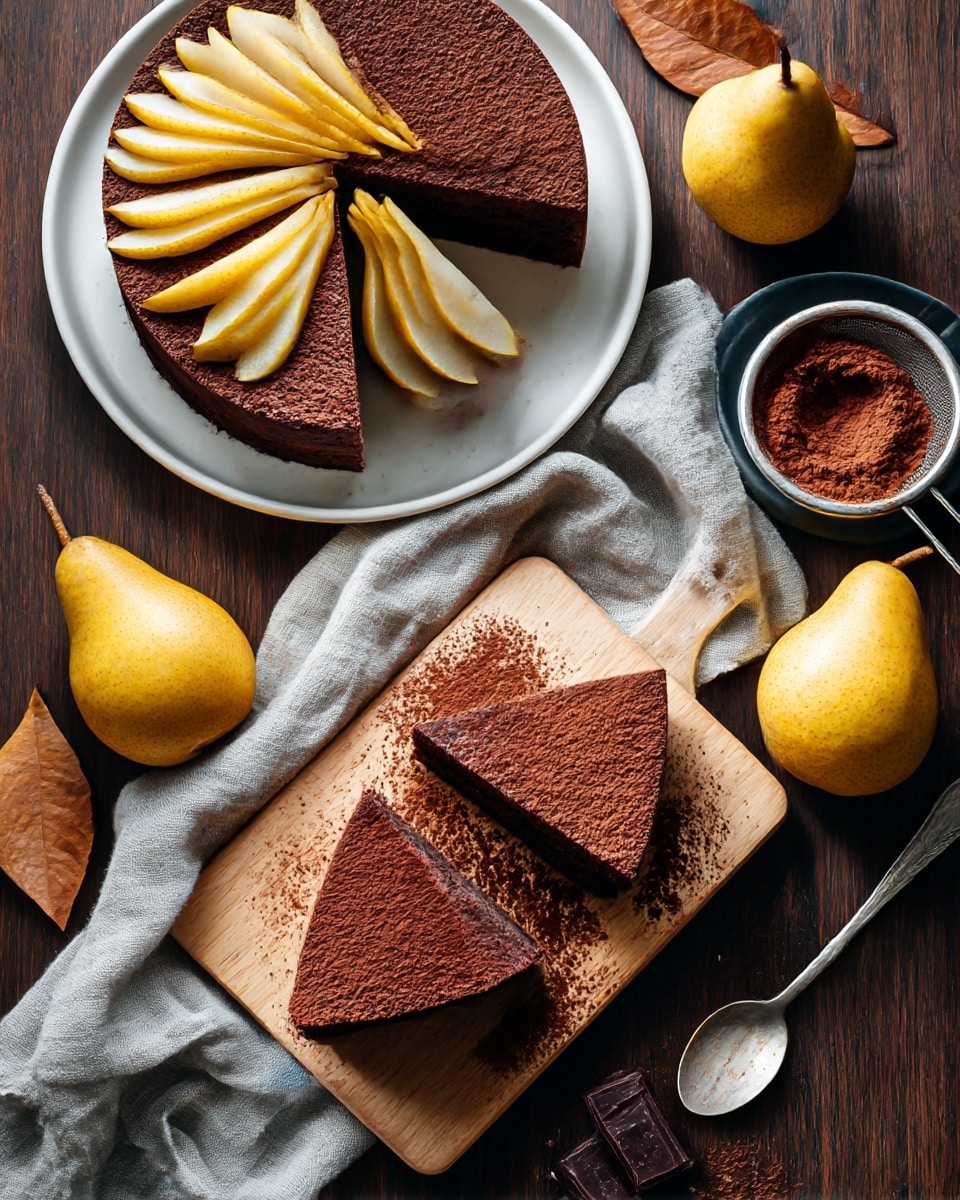 The image shows a chocolate cake with a dark brown color and a slightly rough texture. The cake has slices of yellowish pear on top, arranged in a fan shape across two visible layers—the whole cake in a white round dish in the top left, and two triangular slices on a small light wood cutting board in the center. The cutting board rests on a dark wooden surface, surrounded by three whole yellow pears, a silver spoon with some cocoa powder, pieces of dark chocolate, and a black metal sieve filled with cocoa powder. A grayish linen cloth is spread partly under the pears, adding a soft texture. There is also a brown dry leaf for decoration. photo taken with an iphone --ar 4:5 --v 7