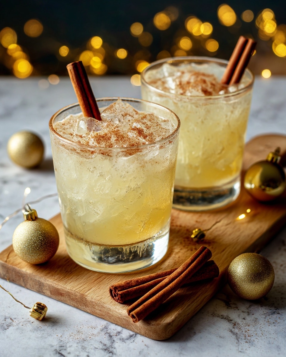 Two clear glass cocktail glasses hold a pale yellow drink with a light frothy layer on top. Each glass has a cinnamon stick partially dipped in the drink, positioned at an angle. The glasses are set on a wooden board, which has two cinnamon sticks lying flat near the base of the front glass. Around the board, there are small gold Christmas baubles and soft yellow fairy lights creating a warm, cozy glow. The background is dark with blurred golden lights, creating a festive and inviting atmosphere. photo taken with an iphone --ar 4:5 --v 7