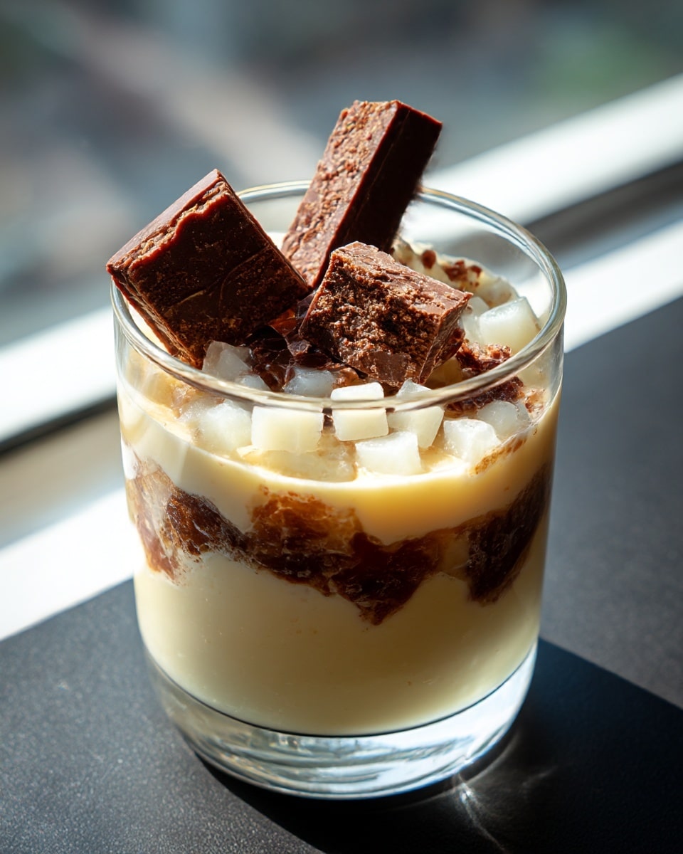 The image shows a small, clear glass cup with three layers of dessert placed on a wooden round slab with bark edges. The bottom layer is a smooth, rich brown chocolate layer. Above it is a thick, creamy white layer. The top layer consists of small, chunky white pieces that look like diced fruit, with one whole rectangular cracker partially dipped in the dessert standing upright. In the background, there is a white plate with a stack of light brown rectangular crackers and two whole green pears, all on a white marbled surface. A dark spoon lies to the right side on the wooden slab. Photo taken with an iphone --ar 4:5 --v 7