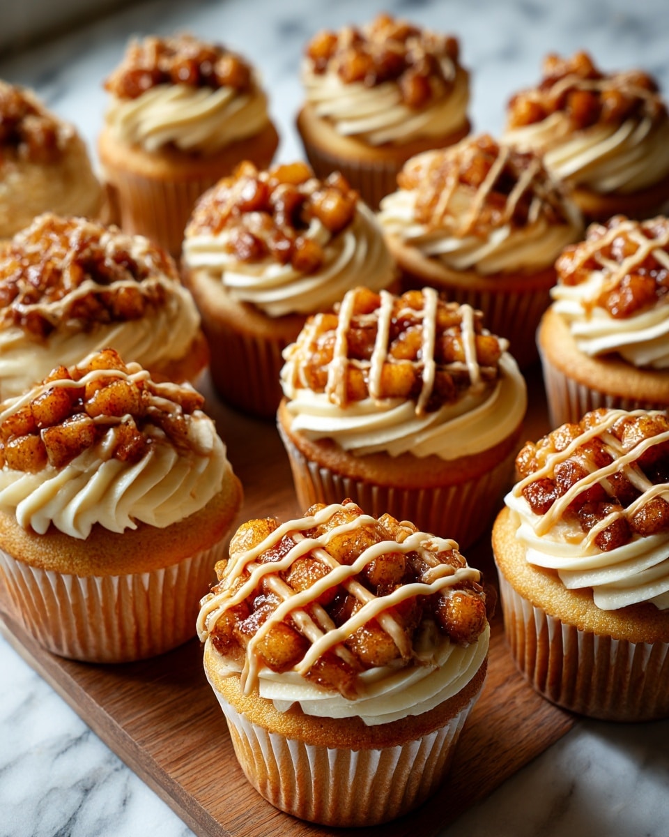 The image shows several cupcakes arranged on a wooden board over a white marbled surface. Each cupcake has three layers: the bottom layer is a light brown, soft cake; the middle layer is a chunky topping of caramelized apple pieces in a rich brown syrup; the top layer is a light-colored cream piped in a grid pattern over the apple topping, with extra piped swirls around the cupcake edges. One cupcake is open, revealing the apple topping inside the cake. The overall look is warm and cozy. photo taken with an iphone --ar 4:5 --v 7