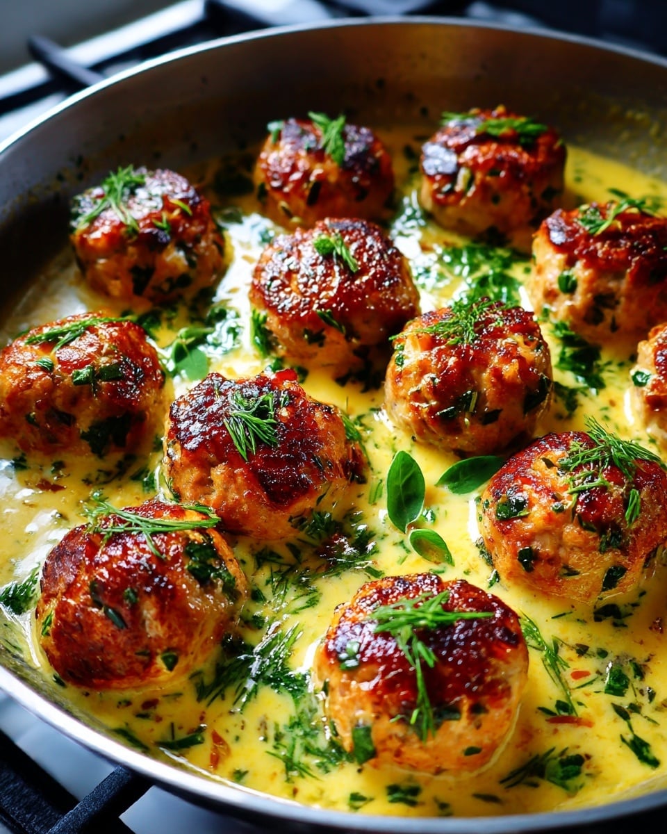 The image shows a close-up of eleven golden brown, round meatballs cooking in a creamy yellow sauce inside a pan. Each meatball has a slightly crispy top with visible herbs and small green leaves scattered on and around them in the sauce. The sauce has a smooth texture and a warm yellow hue with darker green herb leaves mixed in. The pan sits on a stove, with part of the black stove grate visible at the bottom. photo taken with an iphone --ar 4:5 --v 7