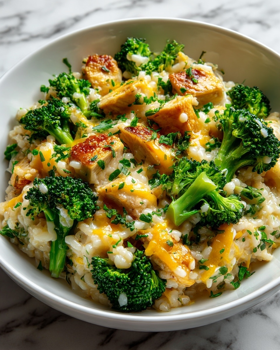 A white bowl filled with creamy risotto layered with golden cooked chicken pieces and bright green broccoli florets evenly mixed throughout. The risotto has a soft, smooth texture with melted yellow cheese blending into the dish. Small green herb bits are sprinkled over the top, adding a fresh touch. The bowl sits on a white marbled surface, enhancing the colors of the food. Photo taken with an iphone --ar 4:5 --v 7