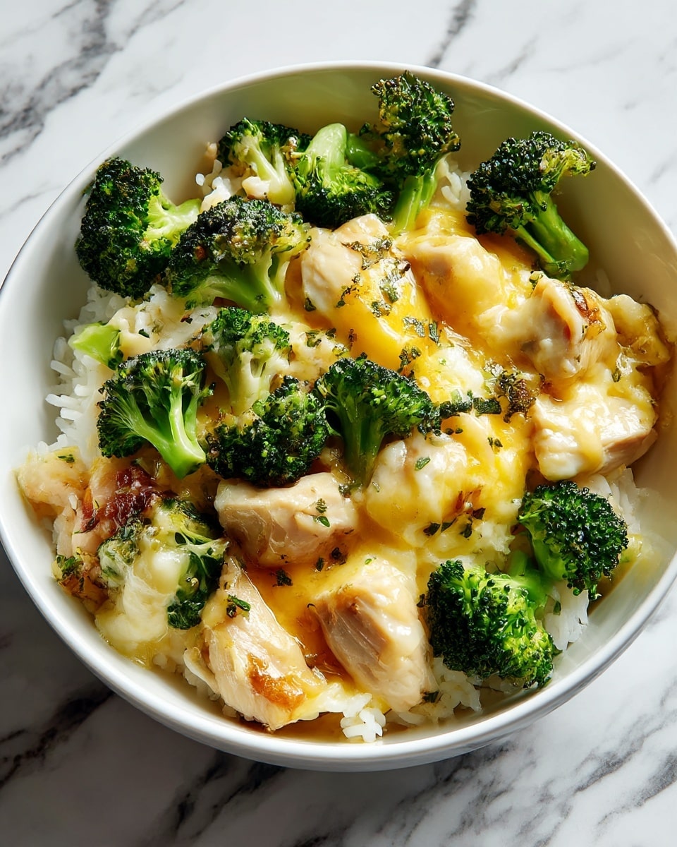 The dish is served in a white bowl filled with three main visual layers: small green broccoli florets with a rough texture scattered evenly throughout and on top, chunks of light beige chicken pieces placed inside the mix, and a creamy layer of melted yellow cheese mixed with white rice that holds everything together. The broccoli adds a contrasting bright green color and slight roughness, the chicken pieces provide a smooth and slightly firm look, and the creamy cheese and rice layer looks soft and dense with a shiny, slightly oily surface. The bowl rests on a white marbled surface. Photo taken with an iphone --ar 4:5 --v 7