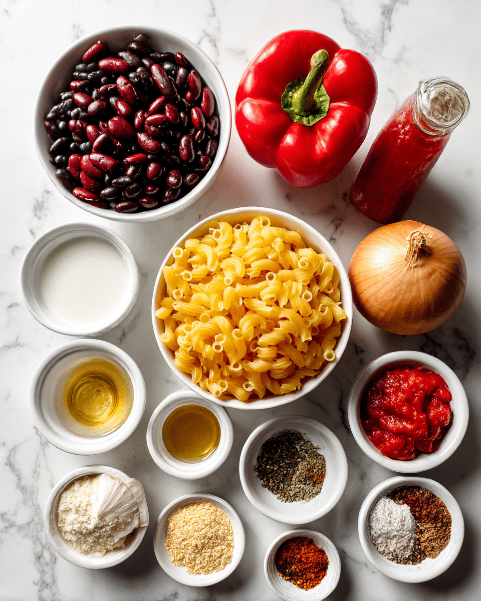 The image shows a top view of various ingredients arranged neatly on a white marbled surface. There are twelve white bowls or small containers filled with ingredients: the largest bowl in the center holds yellow elbow macaroni with a smooth texture; above it, a bowl of shiny black beans and to the left, a bowl of deep red kidney beans. Above the black beans is a small bowl of white coconut milk. To the right of the black beans is a bowl filled with bright red fire roasted tomatoes with a slightly chunky texture. Above this is a whole red bell pepper with a smooth, glossy skin. Below the macaroni are smaller bowls and items including a white bowl of light beige nutritional yeast flakes, a small bowl of clear oil, and a small bowl filled with a mix of red and brown spices. Near these are two garlic cloves, a golden brown whole onion, a bowl of fine white flour, and a small bowl of white salt. A clear bowl of red hot sauce completes the layout. All items are spaced evenly against the white marbled background. photo taken with an iphone --ar 4:5 --v 7