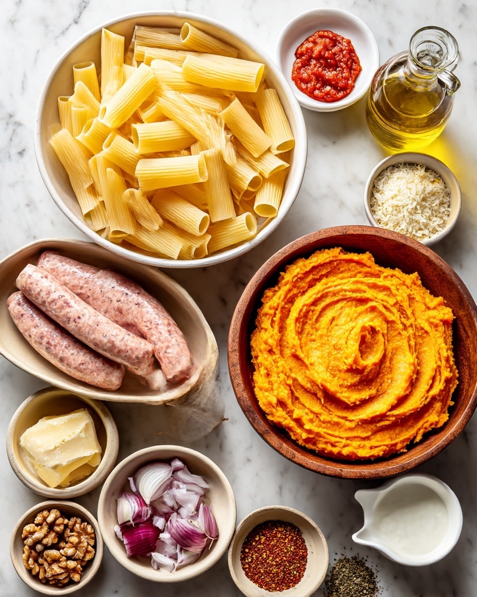 A top view of cooking ingredients arranged on a white marbled surface, showing one large white bowl full of uncooked rigatoni pasta with its smooth pale yellow tubes, next to a medium brown wooden bowl holding bright orange mashed sweet potatoes with a smooth texture and small swirls on top. Above them is a small white dish with a vibrant red dollop of tomato paste. To the left, a beige bowl contains six uncooked sausages with a lightly speckled pink and white texture. Below the sausages is a small white bowl with chopped walnuts in warm brown tones. Several smaller beige dishes spread around show chopped shallots in pale purple and white, a pad of pale yellow butter, a small measuring cup filled with white cream, a glass bottle with golden olive oil, and a tiny dish with mixed spices that include red pepper flakes, black pepper, and ground nutmeg. Other small bowls contain grated Parmesan cheese, dried oregano, and a mix of garlic and salt, all evenly spaced and organized neatly photo taken with an iphone --ar 4:5 --v 7