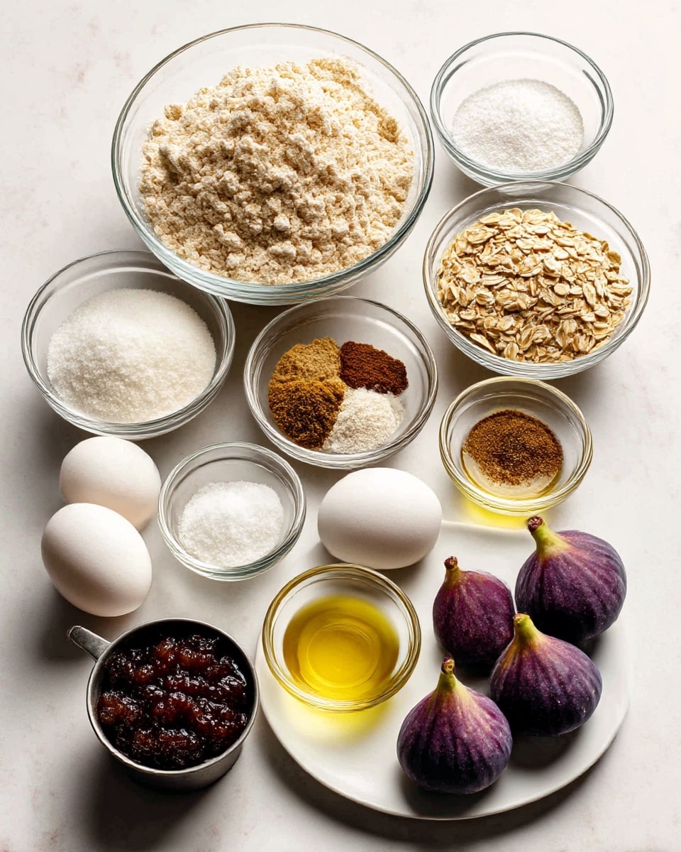 An overhead view of various baking ingredients arranged on a white marbled surface including a large clear glass bowl filled with light beige all-purpose flour on the top left, a small clear glass bowl with white baking soda to the right, a small clear glass bowl with mixed brown spices below that, a small clear glass bowl of white salt below the spices, and a small clear glass bowl with light yellow olive oil below salt. Below the flour bowl is a metal cup filled with white sugar to the left, and two whole white eggs next to it on the right. Near the bottom left corner is a white bowl filled with dark brown fig jam, next to a small metal cup of light brown oats. On the lower right side, a white plate holds two fresh figs that are deep purple with green stems. All items are spaced evenly and clearly visible, photo taken with an iphone --ar 4:5 --v 7