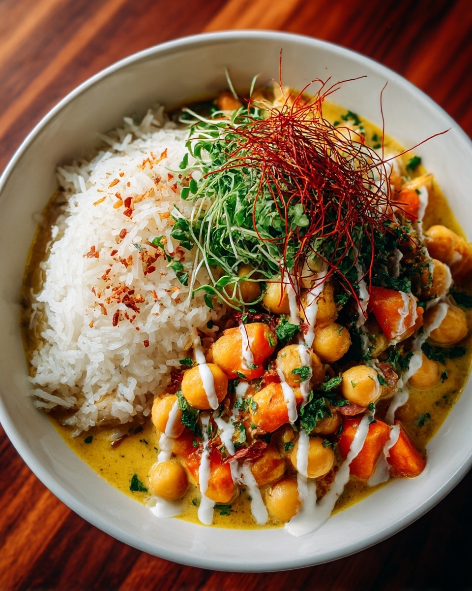 A shallow white bowl holds a creamy, yellow chickpea curry with visible orange chunks of cooked vegetables mixed in. On one side, there is a neat portion of fluffy white rice with some red specks, likely spices, sprinkled lightly on top. The curry is drizzled with white cream in thin swirled lines, and the dish is garnished with fresh green chopped herbs and some delicate strands of reddish-brown spices or dried herbs. The bowl is set on a dark wooden surface with warm lighting that makes the colors of the food rich and inviting. photo taken with an iphone --ar 4:5 --v 7