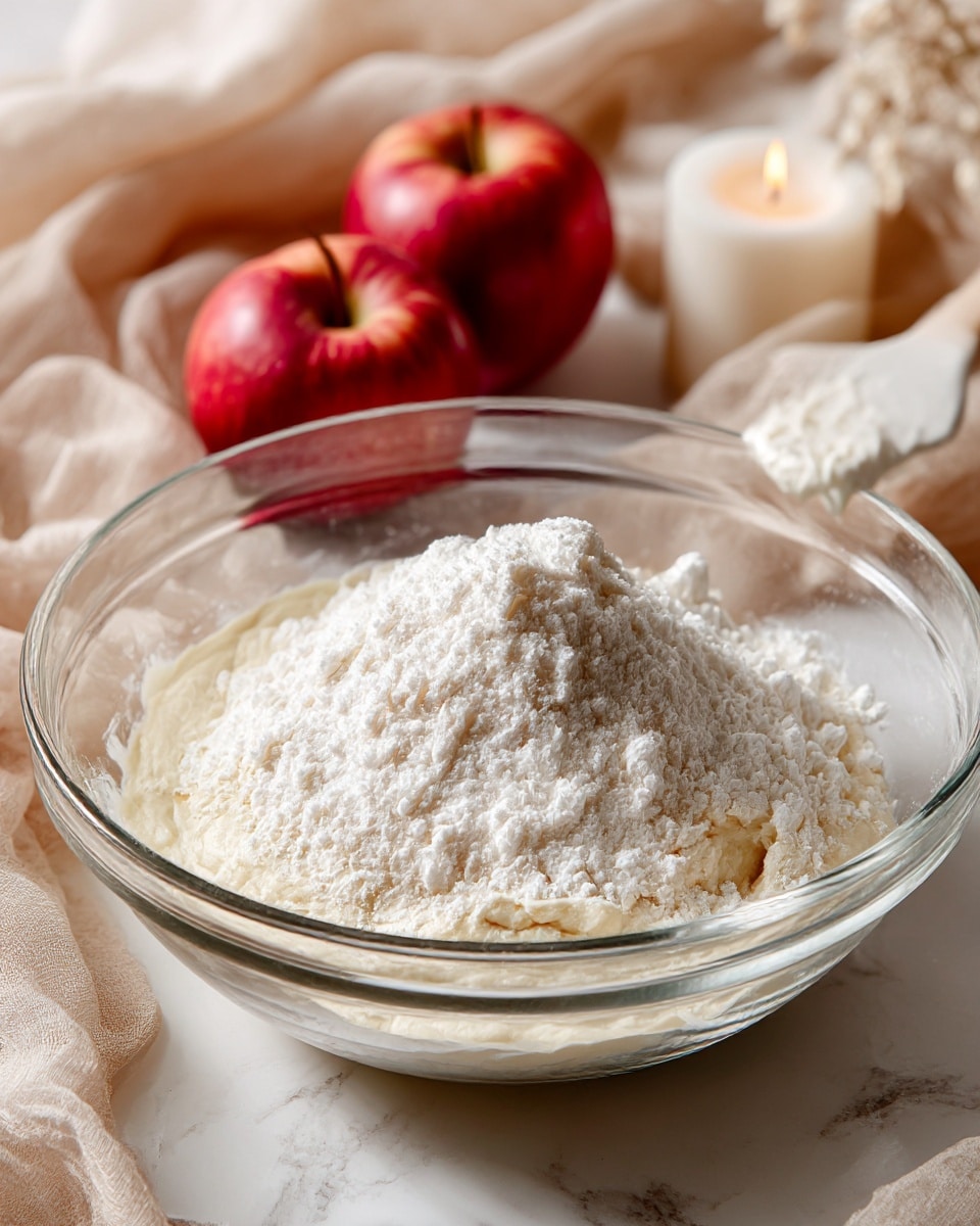 A clear glass bowl sits on a white marbled surface. Inside the bowl, the bottom layer is a thick, creamy dough that is off-white and smooth. On top of this dough is a generous heap of fine white powdered sugar, loosely piled in the center, showing a clear contrast with the dough layer beneath. In the background, there are two red apples with a smooth, shiny surface and a lit white candle surrounded by soft beige fabric that adds a warm and cozy feeling to the scene. A woman's hand holding a white spatula covered in cream is partially visible on the right side. photo taken with an iphone --ar 4:5 --v 7