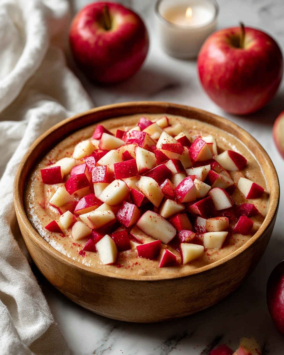 A wooden bowl filled with a smooth light brown batter, topped with a large heap of small, evenly diced apple pieces that have red skin and pale yellow flesh, sitting on a white marbled surface with a couple of whole red apples and a lit candle visible in the background, a white cloth nearby. photo taken with an iphone --ar 4:5 --v 7