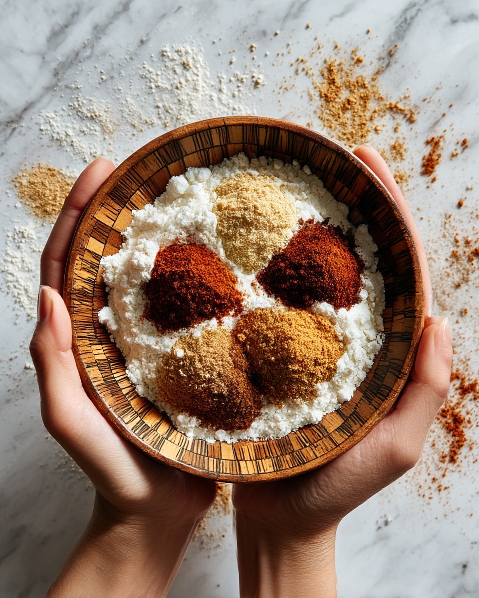 A pair of woman's hands gently hold a small wooden bowl with a checkered pattern. Inside the bowl is a base layer of white flour spread evenly. On top, there are five distinct spices arranged in small piles: a light brown powder on the right, two medium brown powders in the center and bottom right, a dark brown powder on the bottom left, and a reddish-brown powder on the top center. The background is a white marbled surface with some scattered flour dust. photo taken with an iphone --ar 4:5 --v 7