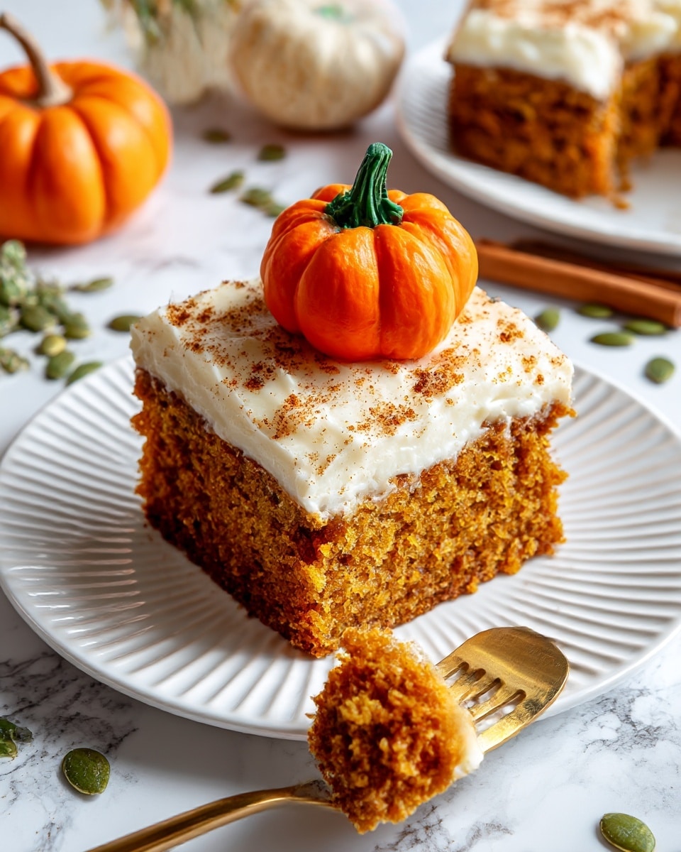 A thick square piece of brown cake with a moist, crumbly texture is topped with a smooth layer of creamy white frosting sprinkled lightly with brown spice. On top of the frosting is a small orange pumpkin-shaped decoration with a green stem. The cake is placed on a white ridged plate with a gold fork beside it holding a bite of the cake with frosting. The background is a white marbled texture with some green pumpkin seeds scattered around and a cinnamon stick in the distance. Photo taken with an iphone --ar 4:5 --v 7
