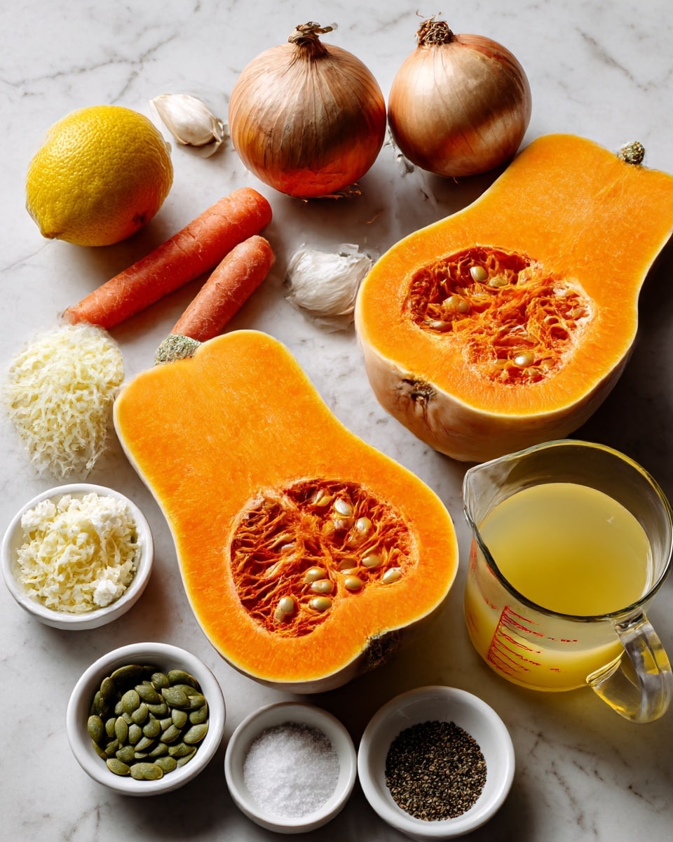 The image shows an array of fresh ingredients arranged neatly on a white marbled surface. In the center, there is a large butternut squash cut in half, showing its bright orange flesh and seeds inside. To its left, a whole lemon and a fresh carrot are placed. Above the butternut squash, a whole brown onion and a few cloves of garlic are visible. Around these are small white bowls, each holding different ingredients: green pumpkin seeds, grated pale yellow parmesan cheese, white salt, black pepper, and creamy white cottage cheese. A clear measuring cup filled with light yellow stock is positioned to the right side. The colors range from bright orange and yellow to white and green, creating a fresh, natural look photo taken with an iphone --ar 4:5 --v 7