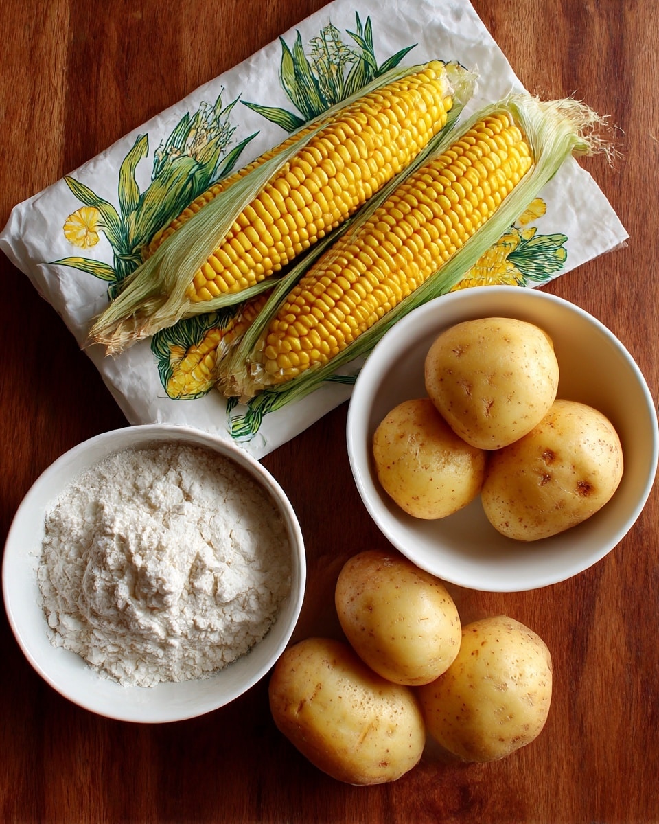The image shows a package of organic corn on the cob with bright yellow corn illustrations on a white bag, placed on a brown wooden table. Below the package, there are two white bowls: one filled with white flour that has a cracked and powdery texture, and the other containing three light yellow potatoes with smooth skin, grouped together. The overall colors are warm with the white bowls contrasting against the wooden surface. photo taken with an iphone --ar 4:5 --v 7