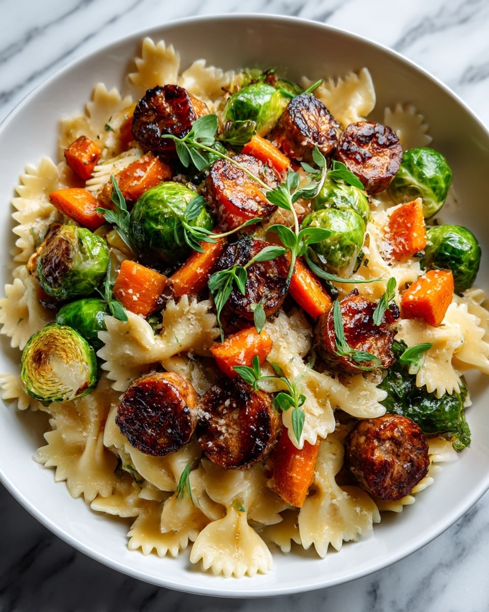 The dish shows three main layers in a white bowl on a white marbled surface. The bottom layer is light beige bowtie pasta spread evenly. On top, there is a mix of bright green Brussels sprouts and orange roasted carrot chunks with a slightly charred look. The third layer has round slices of browned sausage scattered across the dish. Small sprigs of fresh green herbs are placed gently over the top, adding a touch of natural color. The textures range from soft pasta to firm vegetables and juicy sausage. Photo taken with an iphone --ar 4:5 --v 7