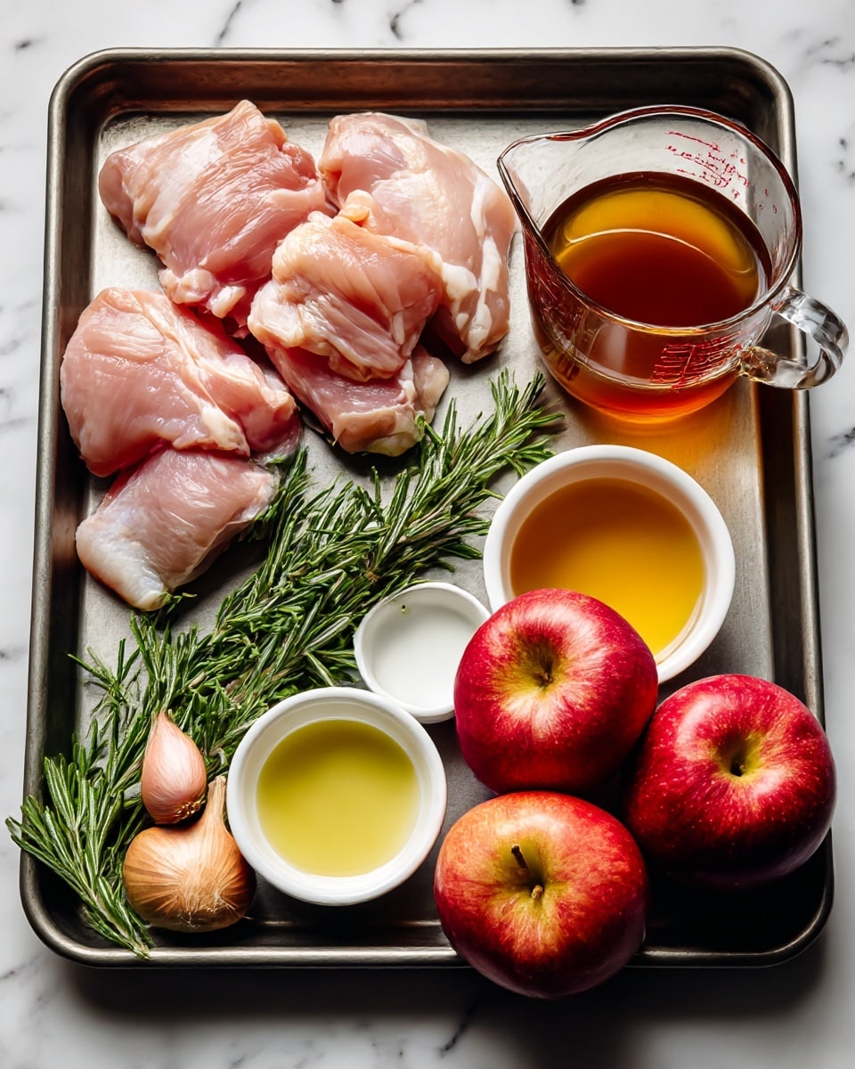 The image shows a baking tray with raw chicken pieces placed on the left side. On the right side of the tray, there is a small clear measuring cup filled with a brown liquid, and below it is a small white bowl with light yellow mustard. At the bottom left of the tray, there are fresh green rosemary sprigs and two small shallots. In the middle of the tray, there are two more small white bowls: one with white liquid and the other with a golden brown liquid. At the bottom right, there are two red apples with a shiny skin. The tray is set on a white marbled surface. photo taken with an iphone --ar 4:5 --v 7