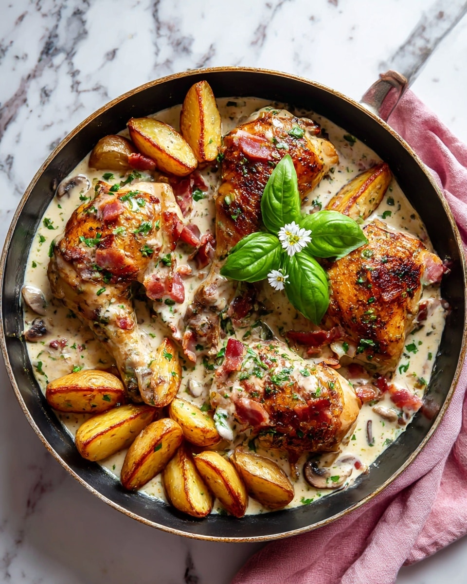 A black pan filled with four large cooked chicken legs covered in creamy white sauce with visible small pieces of mushrooms and bacon throughout. Around the chicken legs, there are light brown roasted potato wedges placed evenly. A fresh green basil leaf with a small white flower sits on top of the sauce near the center. The pan is resting on a white marbled surface with a pink cloth partially visible to the right side. photo taken with an iphone --ar 4:5 --v 7