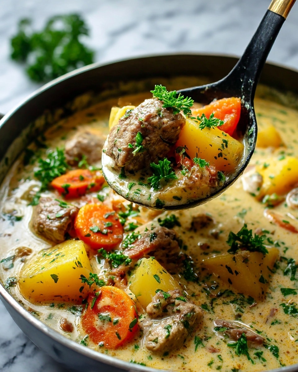 A white bowl filled with creamy chicken stew sitting on a white marbled surface, the stew has chunky pieces of light brown chicken, orange carrot slices, yellow potato pieces, and small bits of green celery mixed in a thick, light beige sauce with visible herbs. The top is sprinkled with vibrant green chopped parsley. There are two slices of white bread placed behind the bowl. Photo taken with an iphone --ar 4:5 --v 7