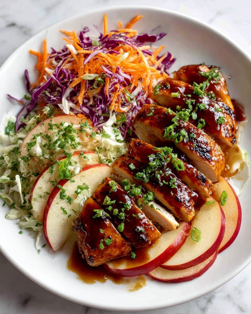 A white plate holds a sliced grilled chicken with a shiny dark brown glaze, topped with small green herb pieces. The chicken is placed on thinly sliced apple pieces showing red skin. Next to the chicken is a colorful salad of shredded orange carrots, purple cabbage, green onions, and white cabbage, all mixed together. The plate sits on a white marbled surface. photo taken with an iphone --ar 4:5 --v 7