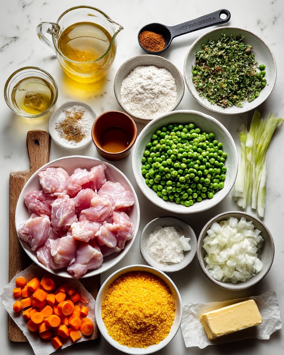 A top view of many ingredients on a white marbled surface arranged neatly: in the center bottom, a white bowl holds raw pink chicken pieces; to the right, a white bowl with small white onion cubes; above it, a white bowl with green peas; further right, a white bowl filled with bright green chopped celery; above, a small white bowl with mixed green herbs and a black measuring spoon with brown powder on top; next to it, a small brown bowl with white flour; near the top center, a small brown cup holds a light brown liquid; on the left side, a small round glass jar with yellow melted butter; above, a glass jar with clear liquid; below, a white bowl filled with yellow cornmeal; below, a stick of butter resting partly on paper; to the left, a small grey bowl with white and black salt; near the bottom left corner, orange diced carrots on a wooden board; at the center left, a small white bowl with pale green sliced leeks; near the top left, a white bowl with white flour. photo taken with an iphone --ar 4:5 --v 7