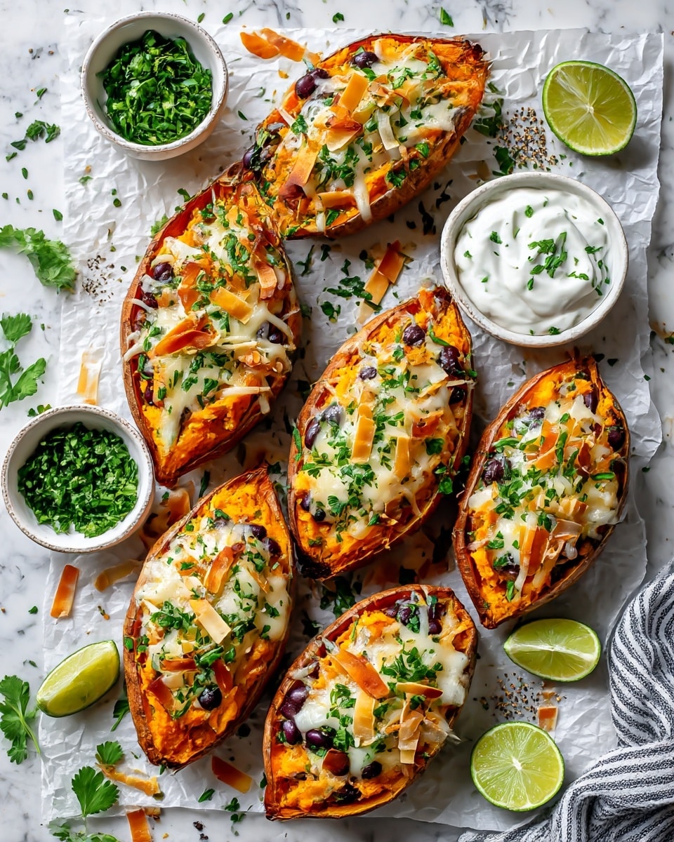 Five baked sweet potato halves are arranged on white parchment paper over a white marbled surface, each filled with an orange mashed sweet potato layer mixed with black beans and topped with melted white and light yellow cheese and thin brown roasted coconut chips, sprinkled with chopped green herbs. Between the potatoes, there are two small white bowls, one filled with chopped green herbs and the other with white sour cream garnished with green herbs and black pepper. Lime wedges with black pepper are placed near the potatoes, and some scattered chopped herbs and crispy bits add texture around the dish. A striped cloth napkin is partially visible at the bottom right corner. photo taken with an iphone --ar 4:5 --v 7