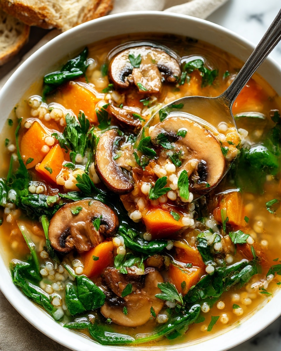 A white bowl filled with a light brown broth soup that has three main layers of ingredients: sliced brown mushrooms with smooth texture, orange carrot chunks with a firm look, and bright green leafy spinach scattered throughout. The soup also contains small round grains that add texture and some fresh parsley leaves on top for garnish. A silver spoon is partially inside the bowl, lifting some soup showing the mix of all the ingredients. The background features a white marbled surface with a beige cloth and some bread pieces nearby. Photo taken with an iphone --ar 4:5 --v 7