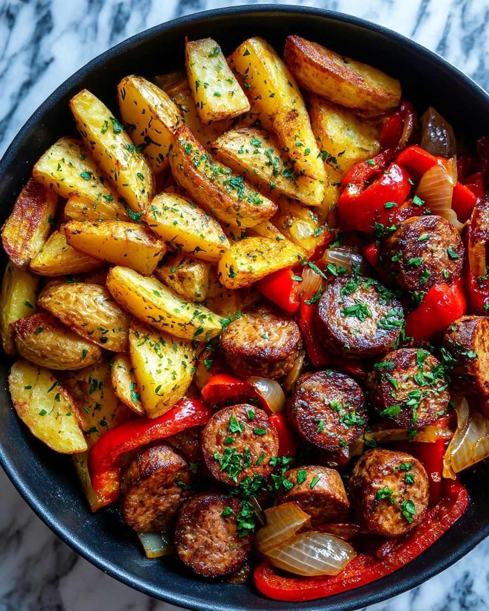 The image shows a large black pan filled with two main layers of food. On the left side and the top left part of the pan, there is a layer of golden-brown potato wedges, seasoned with green herbs and spices, giving a soft but slightly crispy texture. On the right side and bottom right part of the pan, there is a layer of browned sausage slices mixed with pieces of red bell peppers and onions. The sausage slices have a shiny and slightly crispy surface, and everything is sprinkled with fresh chopped green herbs. The pan sits on a surface with a white marbled texture. Photo taken with an iphone --ar 4:5 --v 7