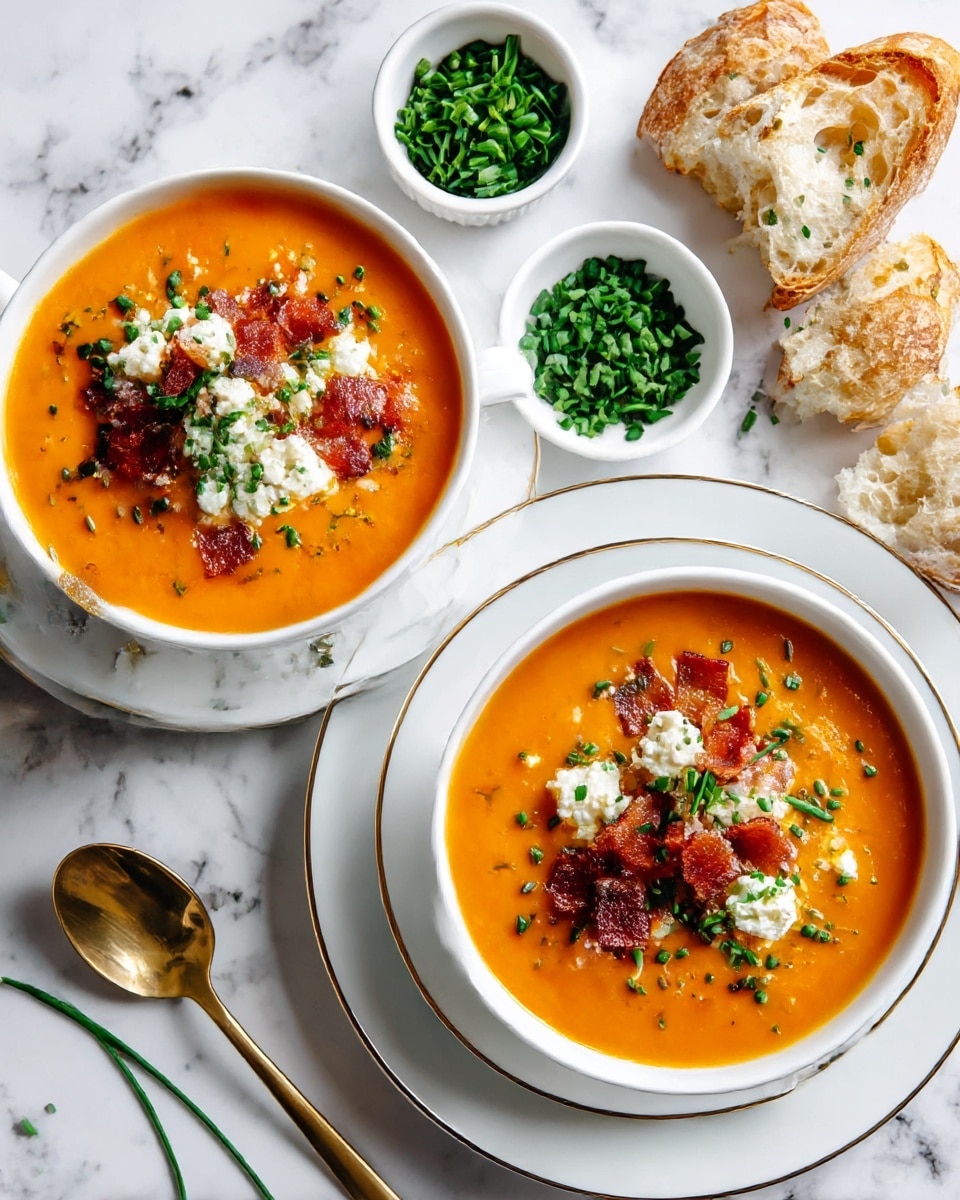 Two white bowls filled with smooth orange soup, each topped with small pieces of crispy bacon, crumbled white cheese, and chopped green chives. One bowl is placed on a matching white plate with a golden spoon beside it. Pieces of torn crusty bread and a small white bowl full of chopped chives are set around the bowls on a white marbled surface. Photo taken with an iphone --ar 4:5 --v 7