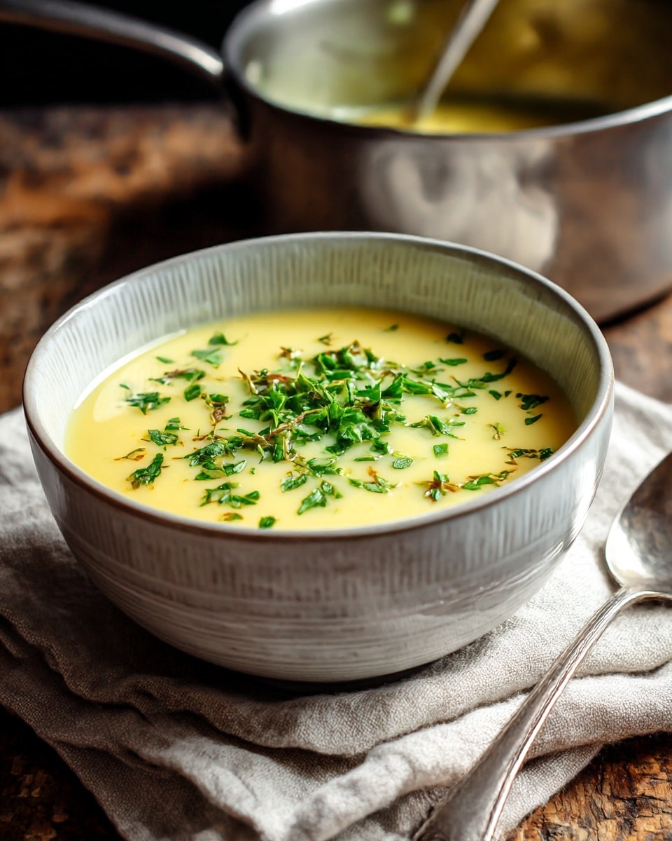 A single bowl of creamy soup fills the bowl almost to the top with a smooth pale yellow surface, topped with small chopped green herbs scattered in the center. The bowl is light gray with a simple textured pattern and sits on a neutral-colored cloth napkin draped over a rustic wooden surface. In the background, slightly out of focus, there is a metal pot with a ladle resting inside, all set against a dark backdrop with soft lighting highlighting the bowl and soup photo taken with an iphone --ar 4:5 --v 7