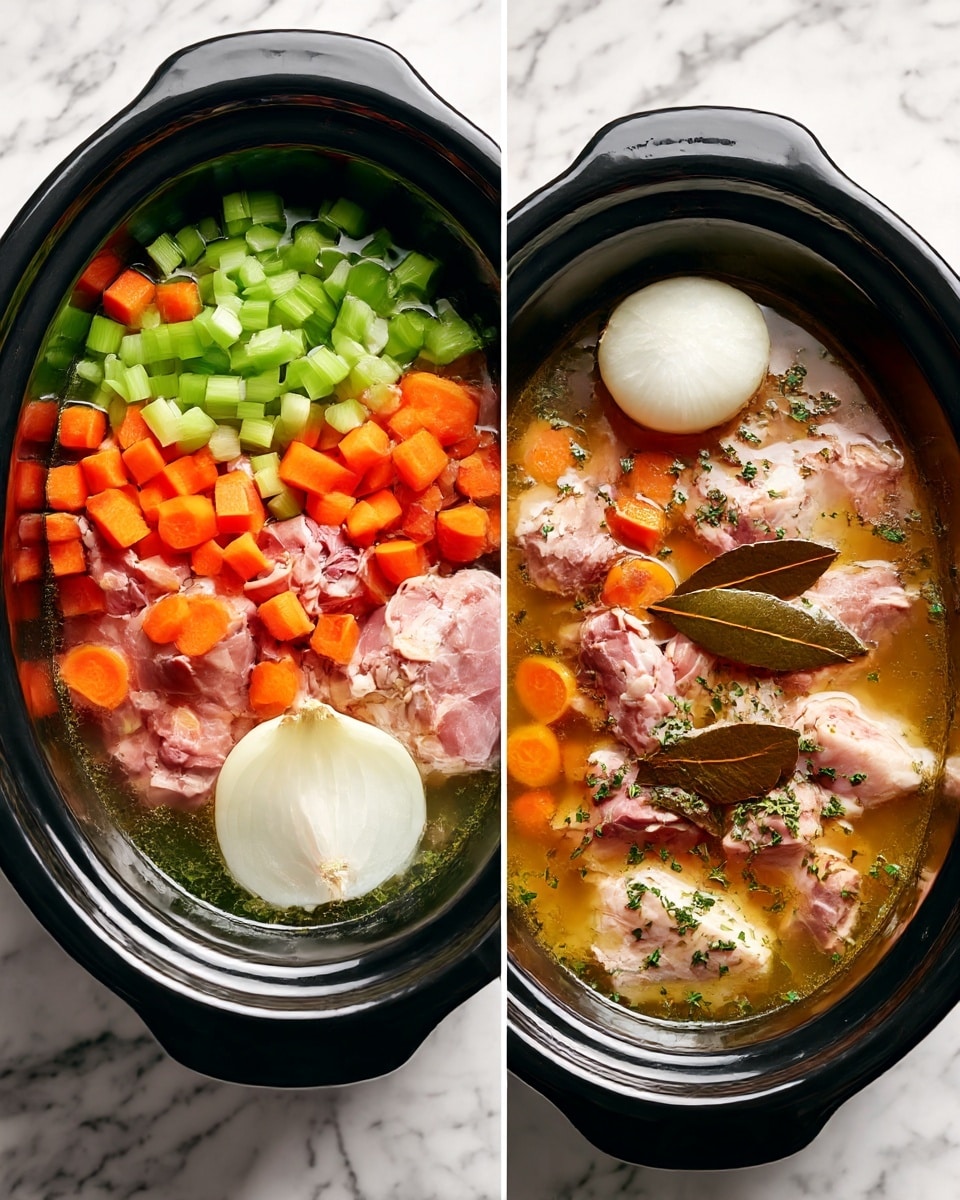 The image shows two views of a slow cooker filled with ingredients for a soup or stew on a white marbled texture. Inside the black slow cooker, there are two main layers: the bottom layer consists of large pieces of raw light pink meat, likely chicken, partially covered by a layer of clear broth. On top of the meat and broth, there are diced orange carrots and chopped green celery evenly spread. Additionally, there is a whole peeled white onion placed near the edge, along with two brown bay leaves submerged in the liquid. The surface of the broth has small specks of green herbs sprinkled throughout. The right side shows a similar dish but cooked, where the meat looks cooked and tender with the carrots softened, slightly darker in color, and the broth has a warm golden hue. photo taken with an iphone --ar 4:5 --v 7